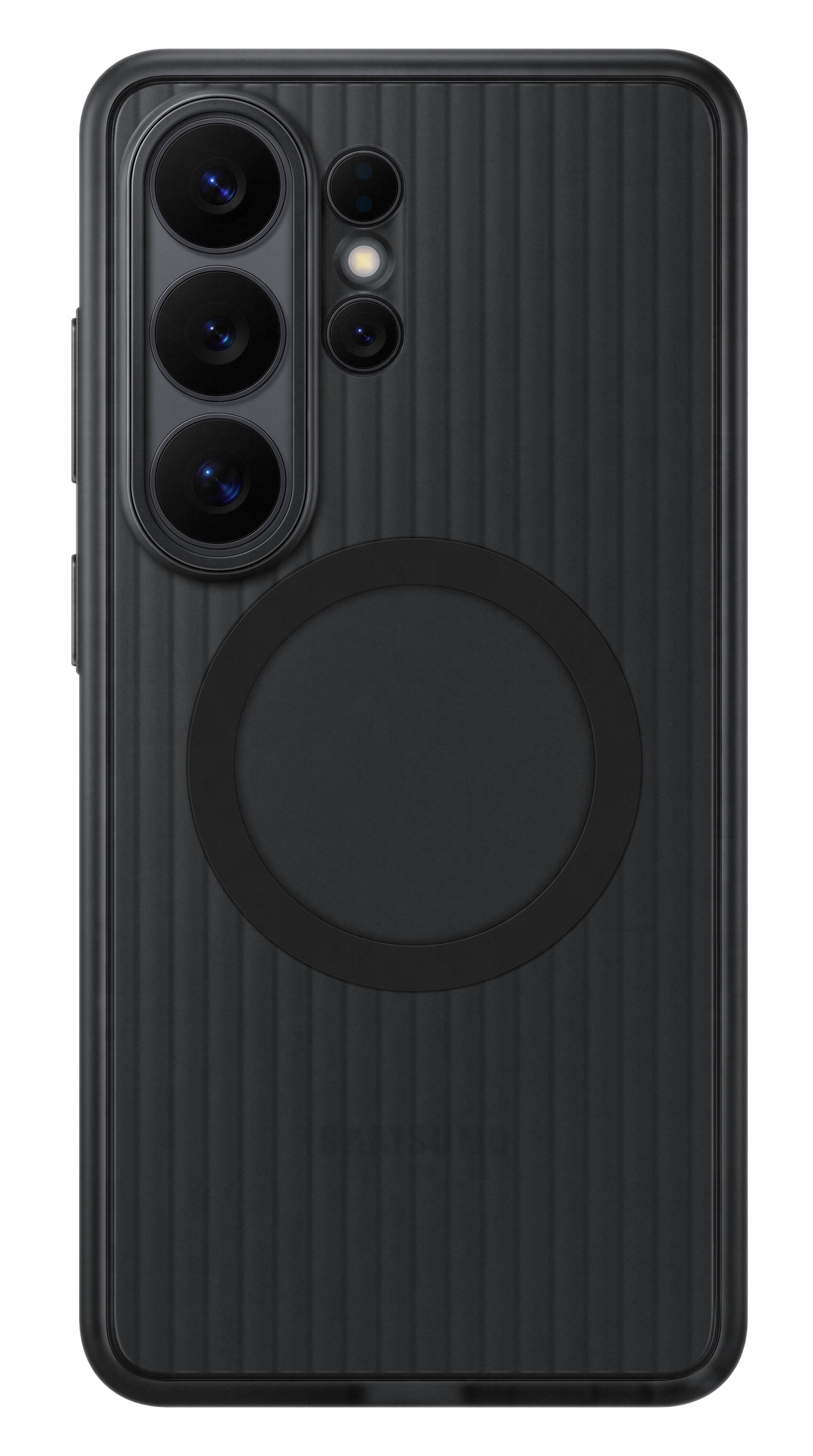 Tył czarnego smartfona z pionową prążkowaną teksturą i modułem aparatu.