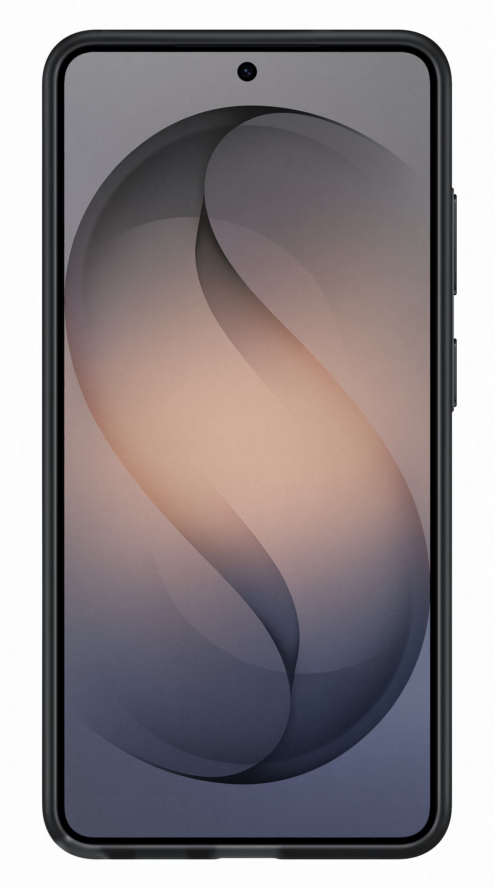 Czarny smartfon z abstrakcyjnym, zakrzywionym tłem.