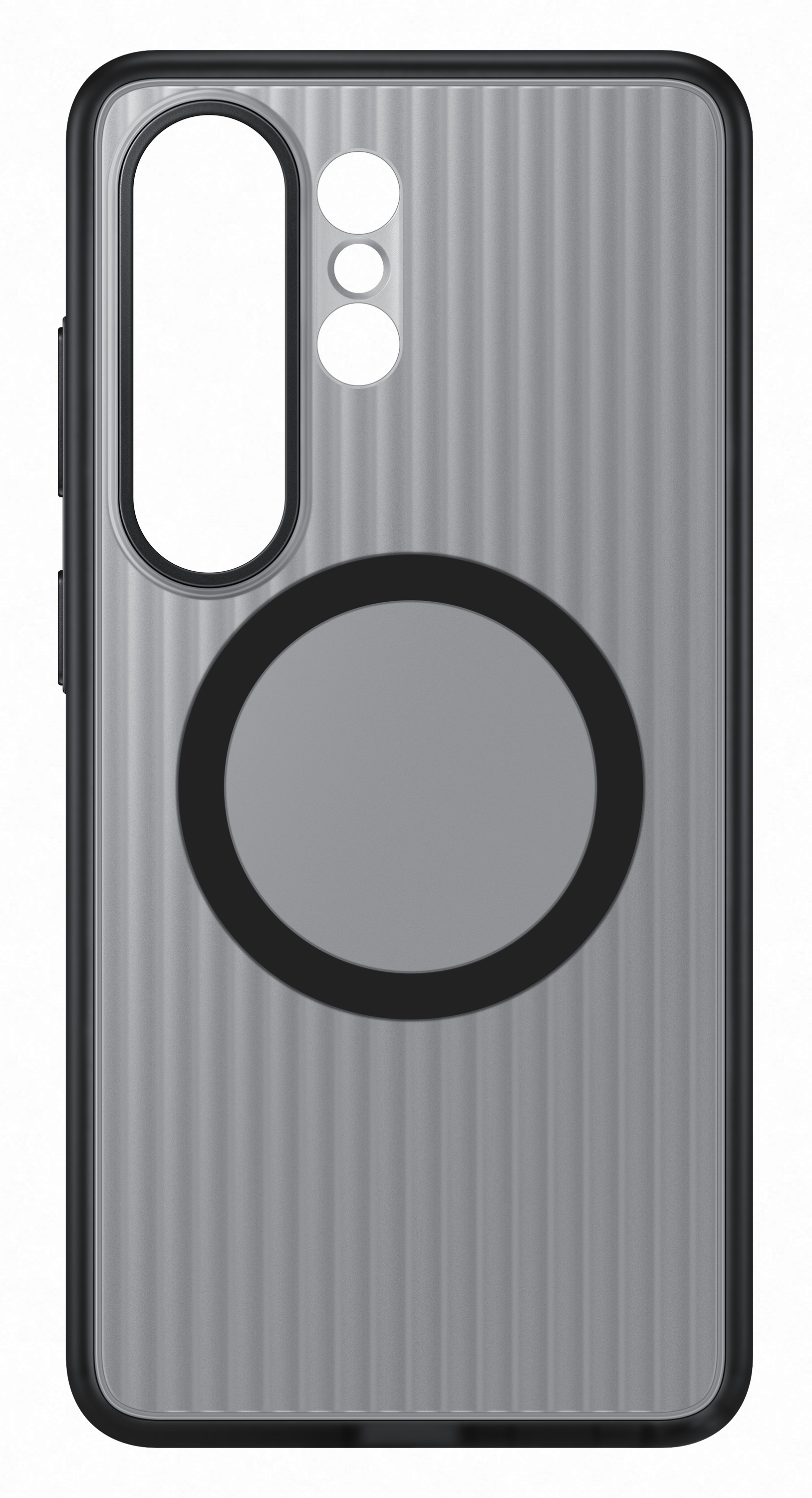 Szara obudowa na telefon z pionowymi rowkami i wycięciem na aparat.