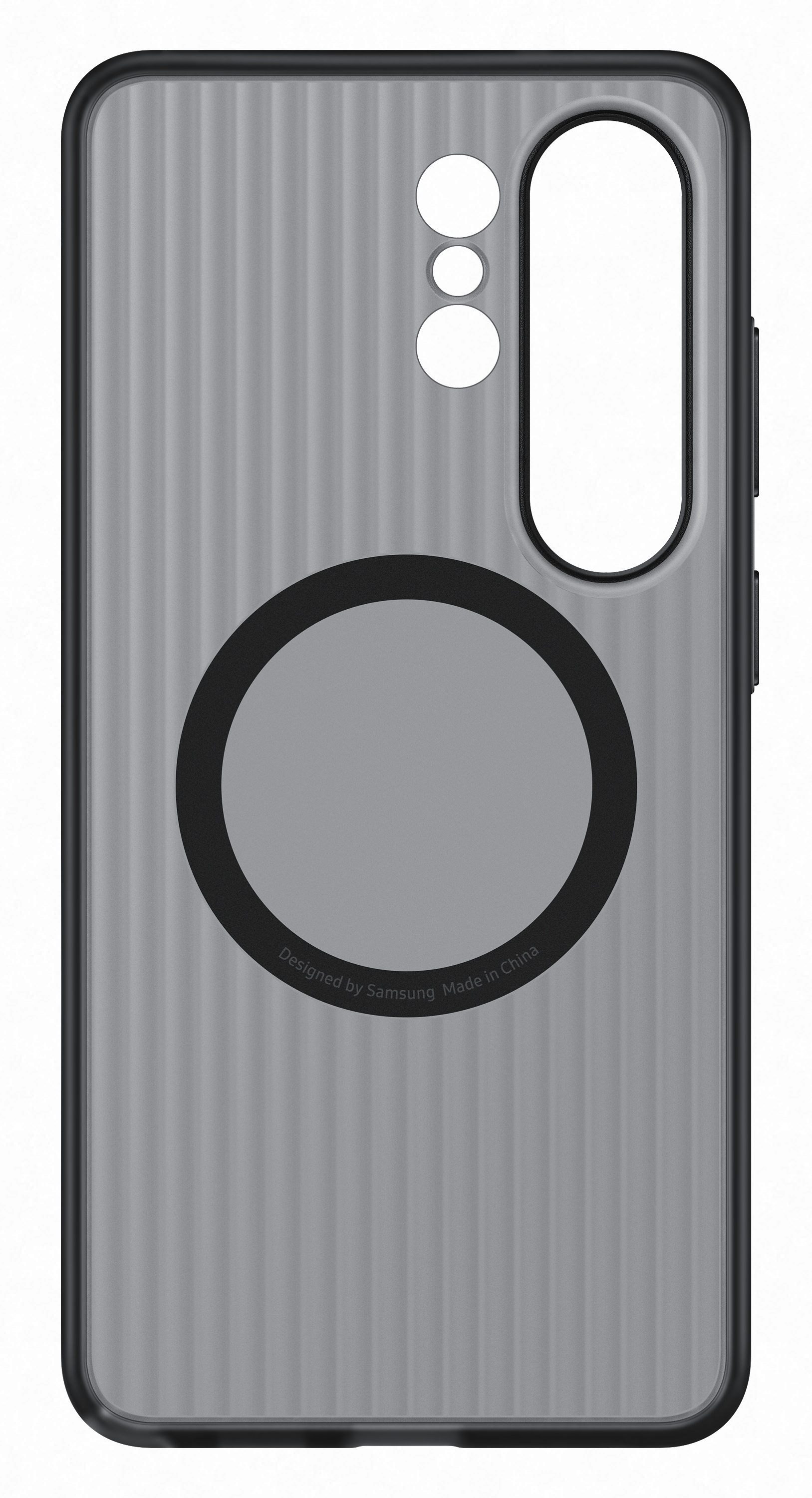 Szara obudowa na telefon z pionowymi żebrowaniami, wycięciem na aparat i pierścieniem magnetycznym.