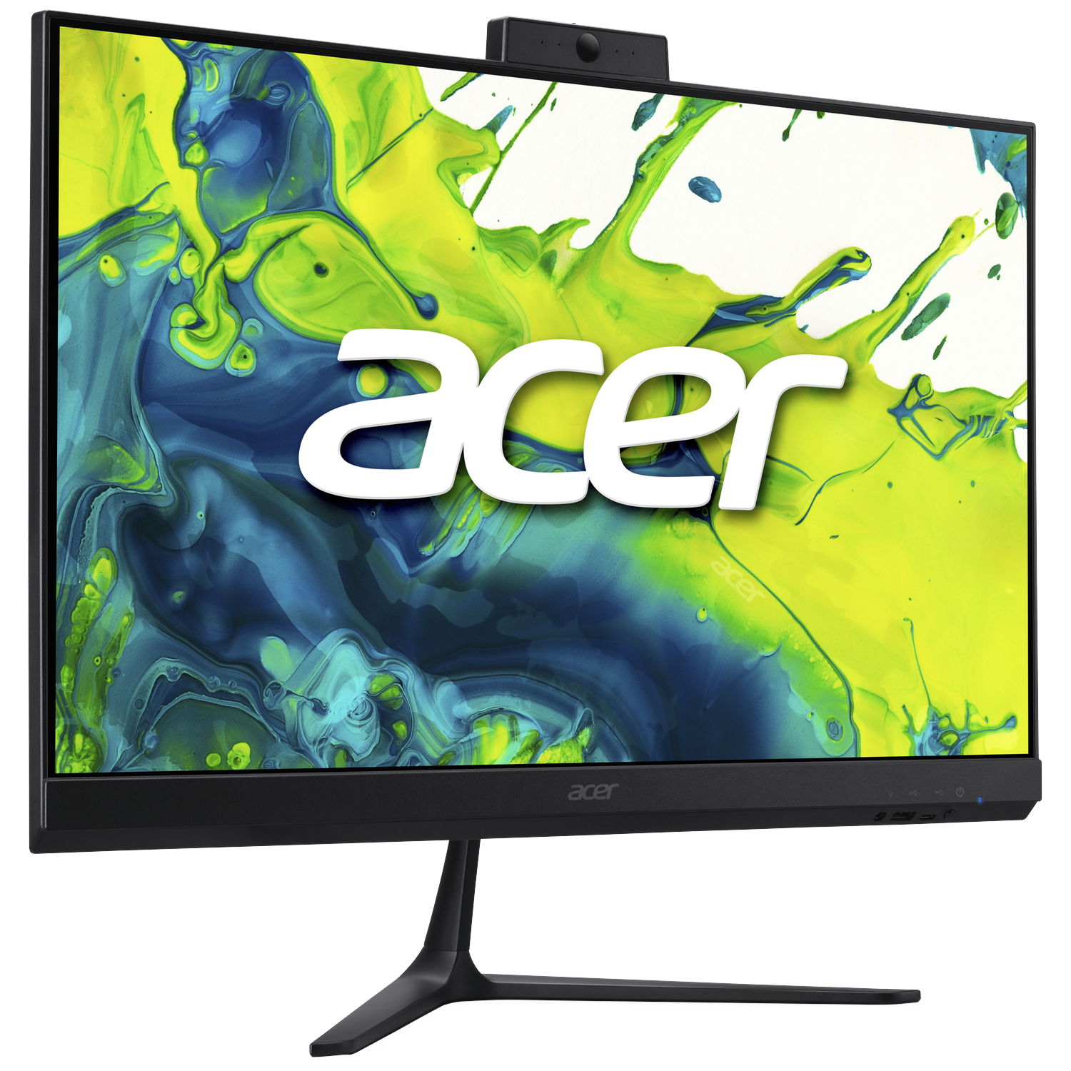 A black Acer all-in-one computer displaying a colorful abstract wallpaper.