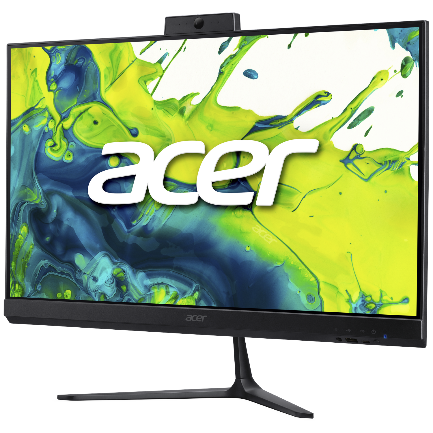 A black Acer all-in-one computer with an abstract background. A webcam is at the top.