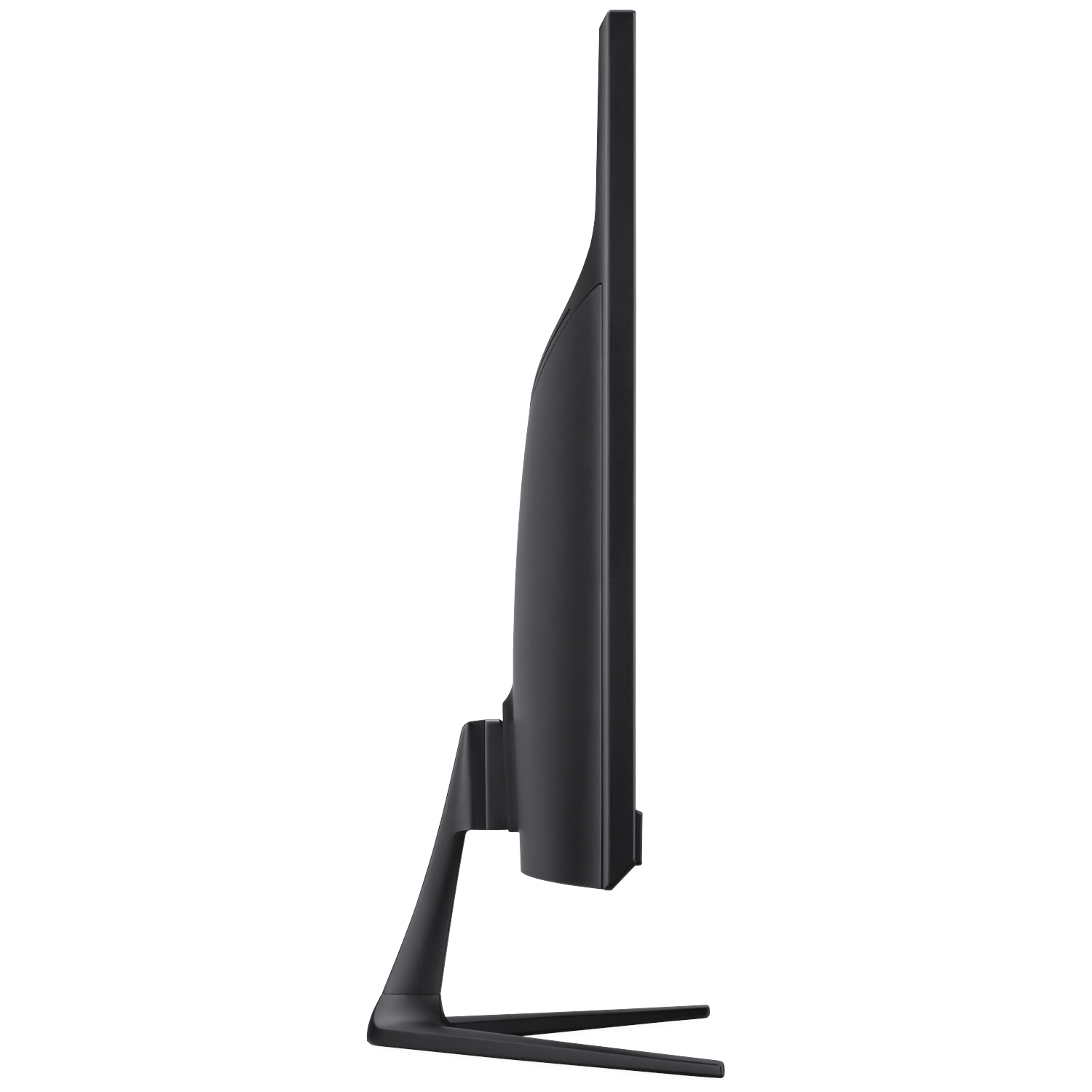 Side view of a black computer monitor with a slim bezel on a stand.