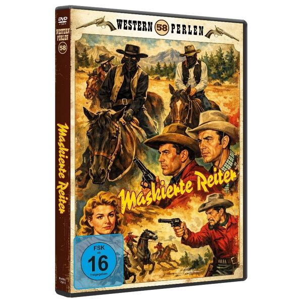 DVD-Cover mit Western-Motiv: Reiter mit Masken, Cowboys, ein Mädchen, FSK 16.