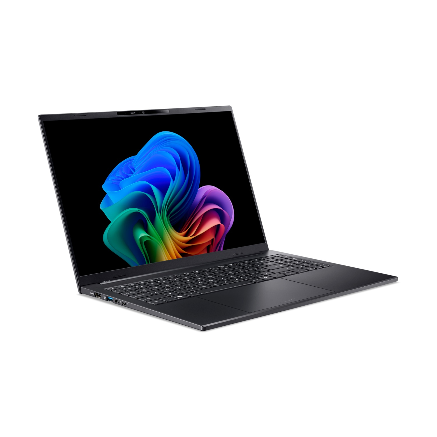 Un laptop scuro con uno sfondo a vortice colorato sullo schermo.