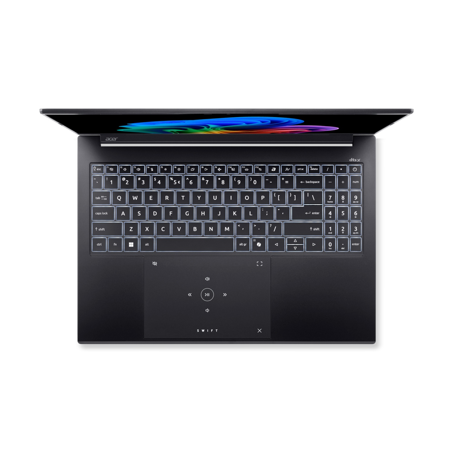 Un laptop Acer nero con tastiera retroilluminata e schermo colorato.