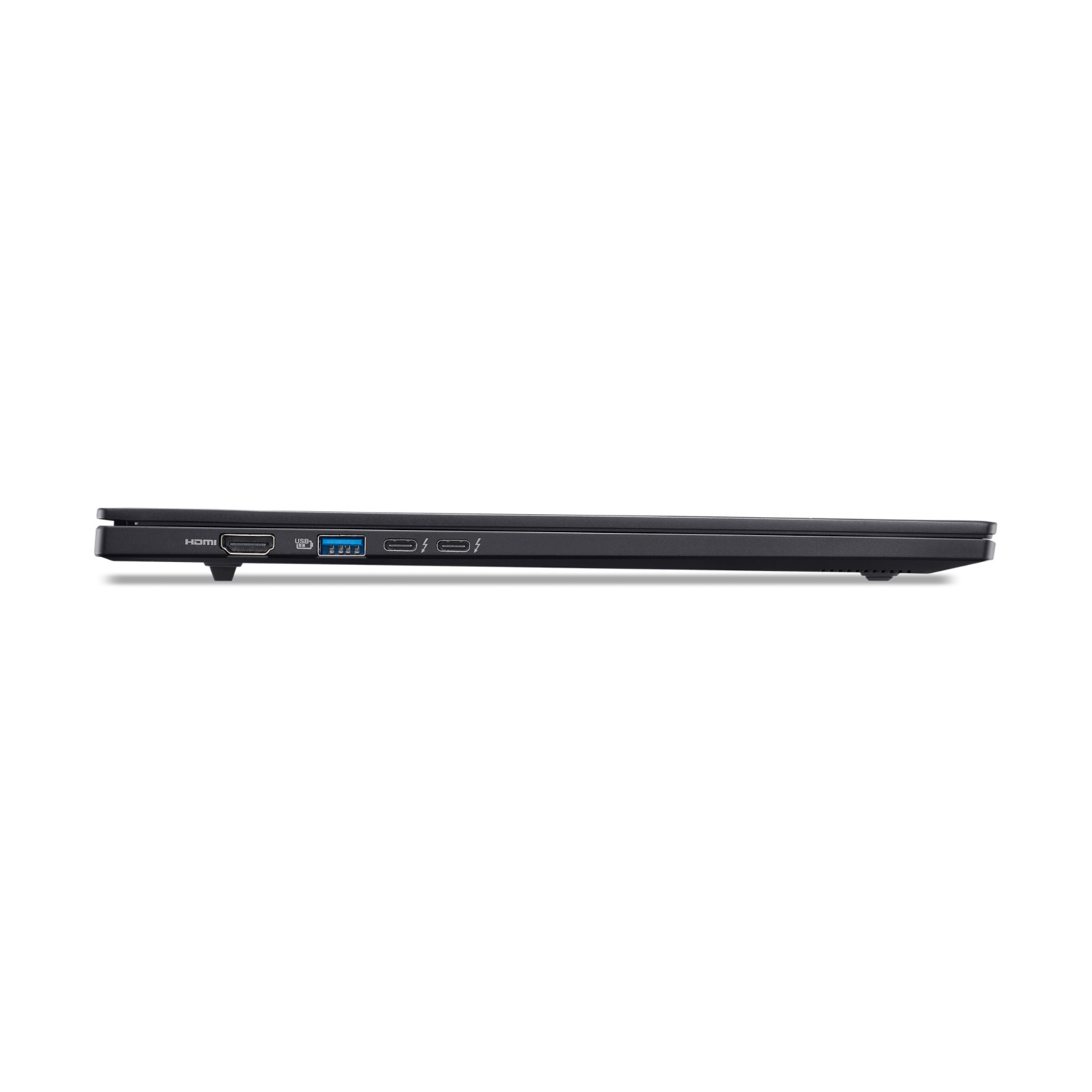 Vista laterale di un laptop nero con porte HDMI, USB e Thunderbolt.