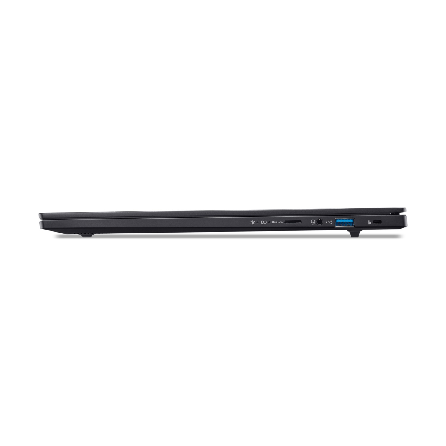 Bordo di un laptop nero con porte: USB, MicroSD, jack audio e connettore di alimentazione.