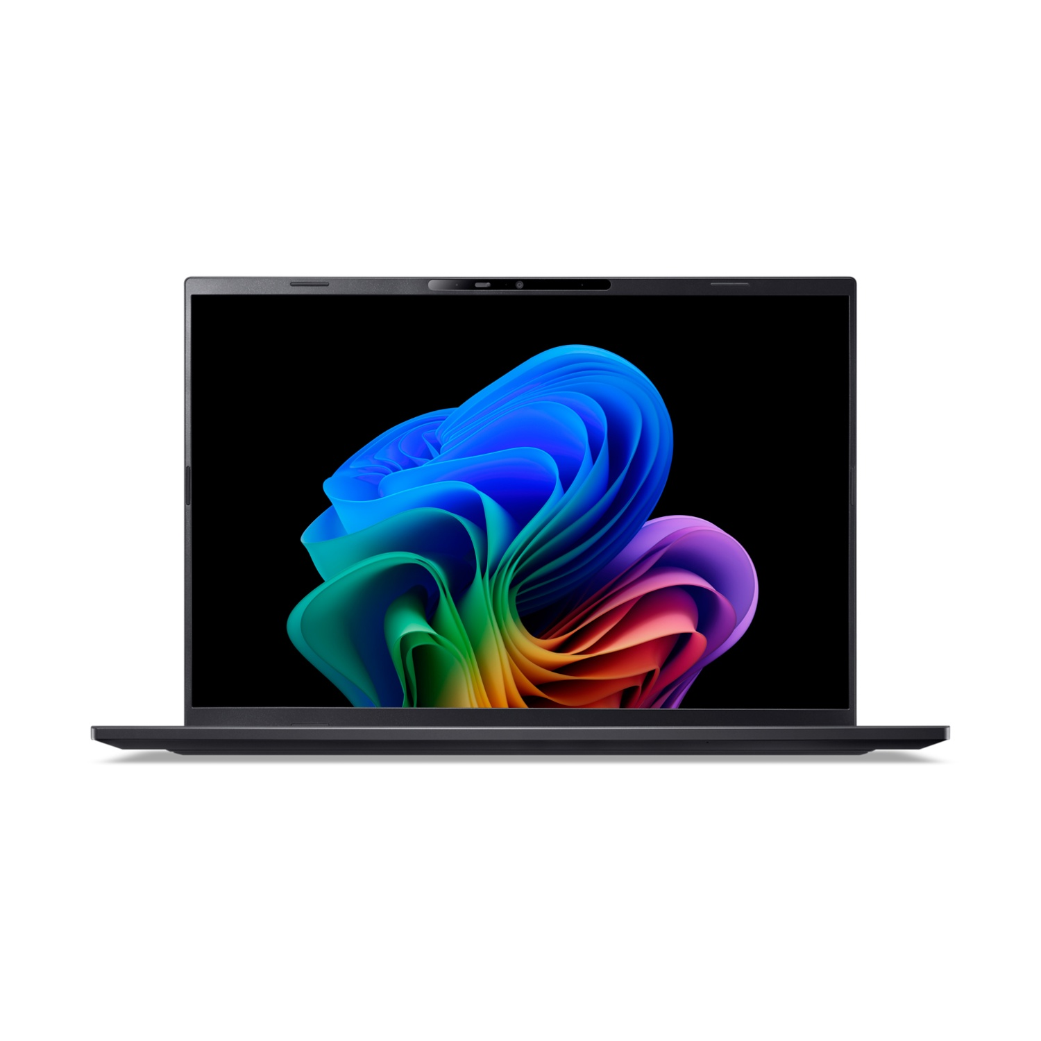 Un laptop scuro mostra uno sfondo astratto e colorato sullo schermo.