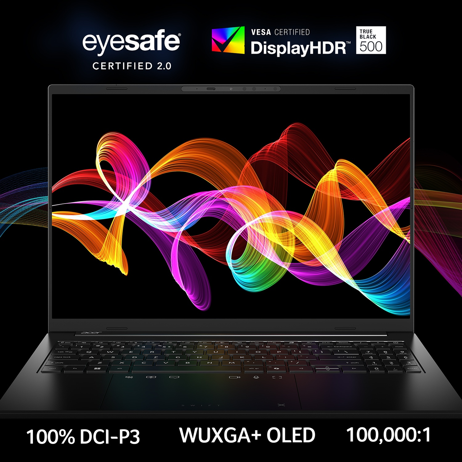 Un laptop con uno sfondo astratto e vibrante. Certificato Eyesafe e VESA.