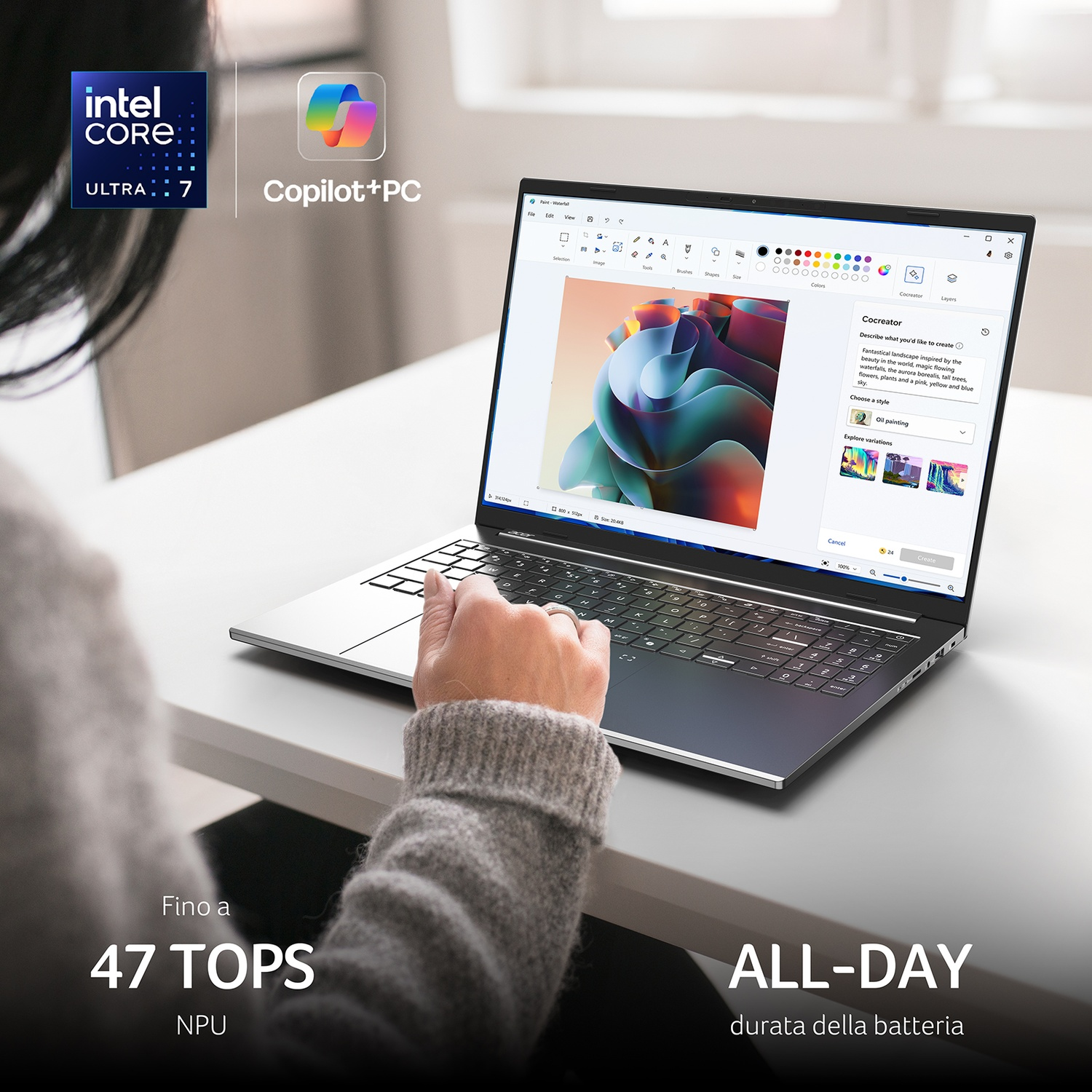 Un laptop Intel Core Ultra 7 mostra il software Copilot+ PC con generazione di immagini AI.