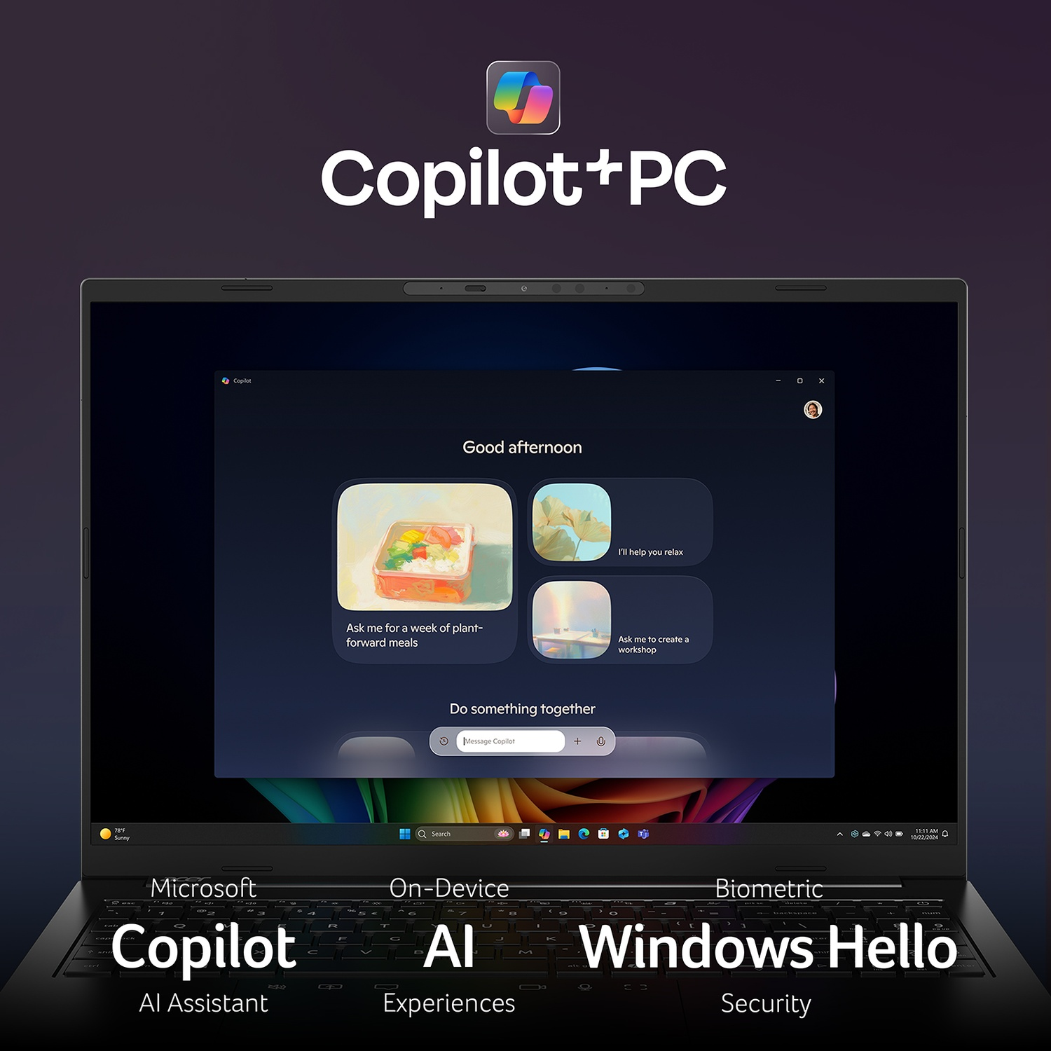 Copilot+PC su un laptop che mostra suggerimenti AI e Windows Hello.