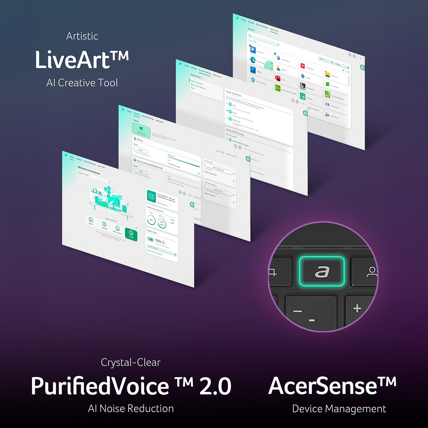 Interfaccia software Acer con LiveArt, PurifiedVoice e AcerSense.