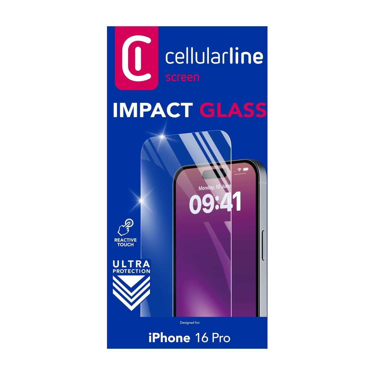 Protezione schermo Cellularline Impact Glass per iPhone 16 Pro.