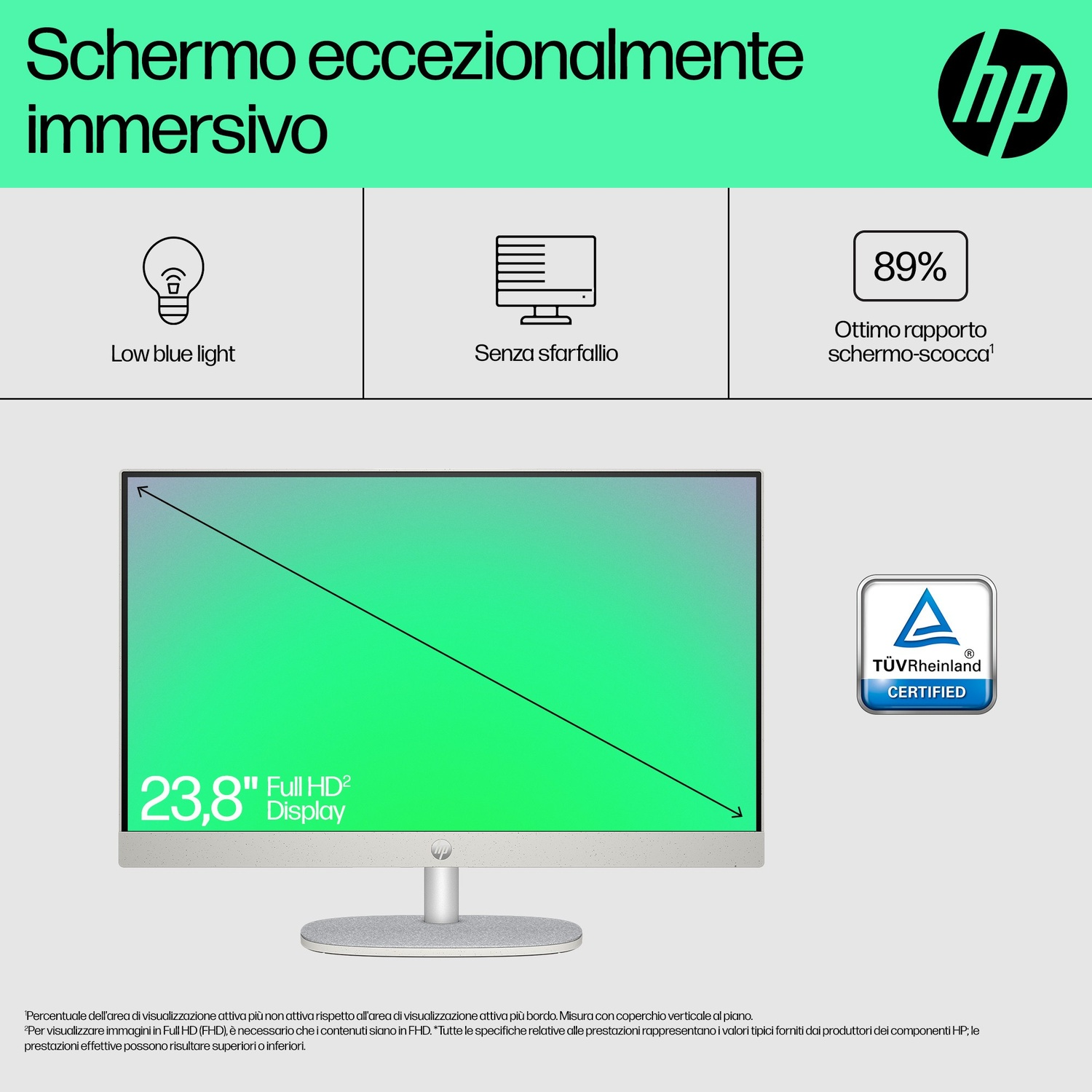 Monitor HP: 23,8 pollici, Full HD, bassa luce blu, senza sfarfallio, 89% rapporto schermo-corpo.