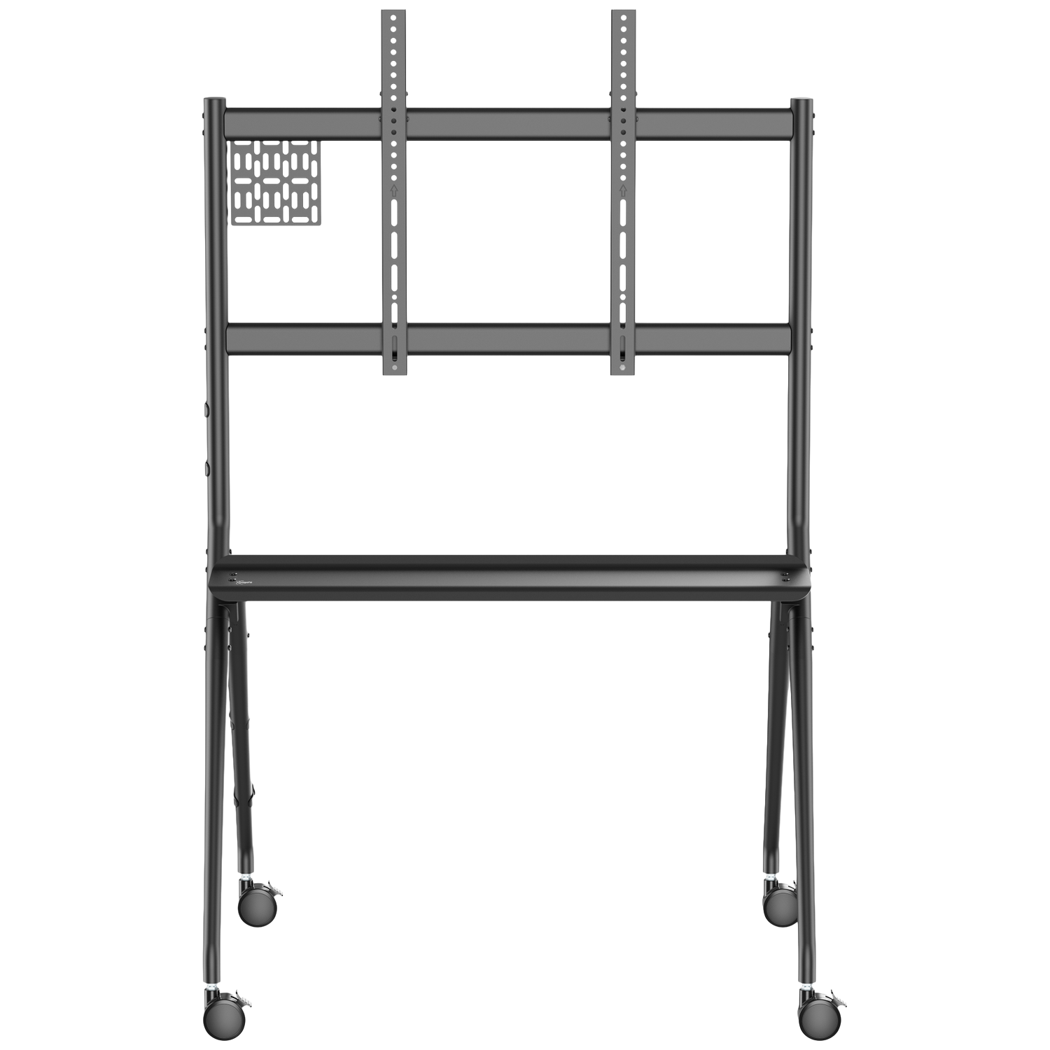 Een zwarte mobiele tv-standaard met wielen en twee beugels.