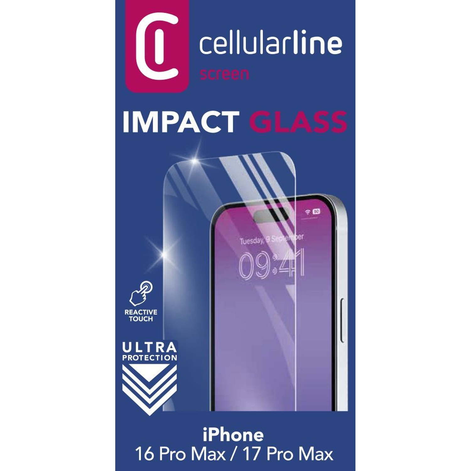 Protezione schermo Cellularline Impact Glass per iPhone 16/17 Pro Max.