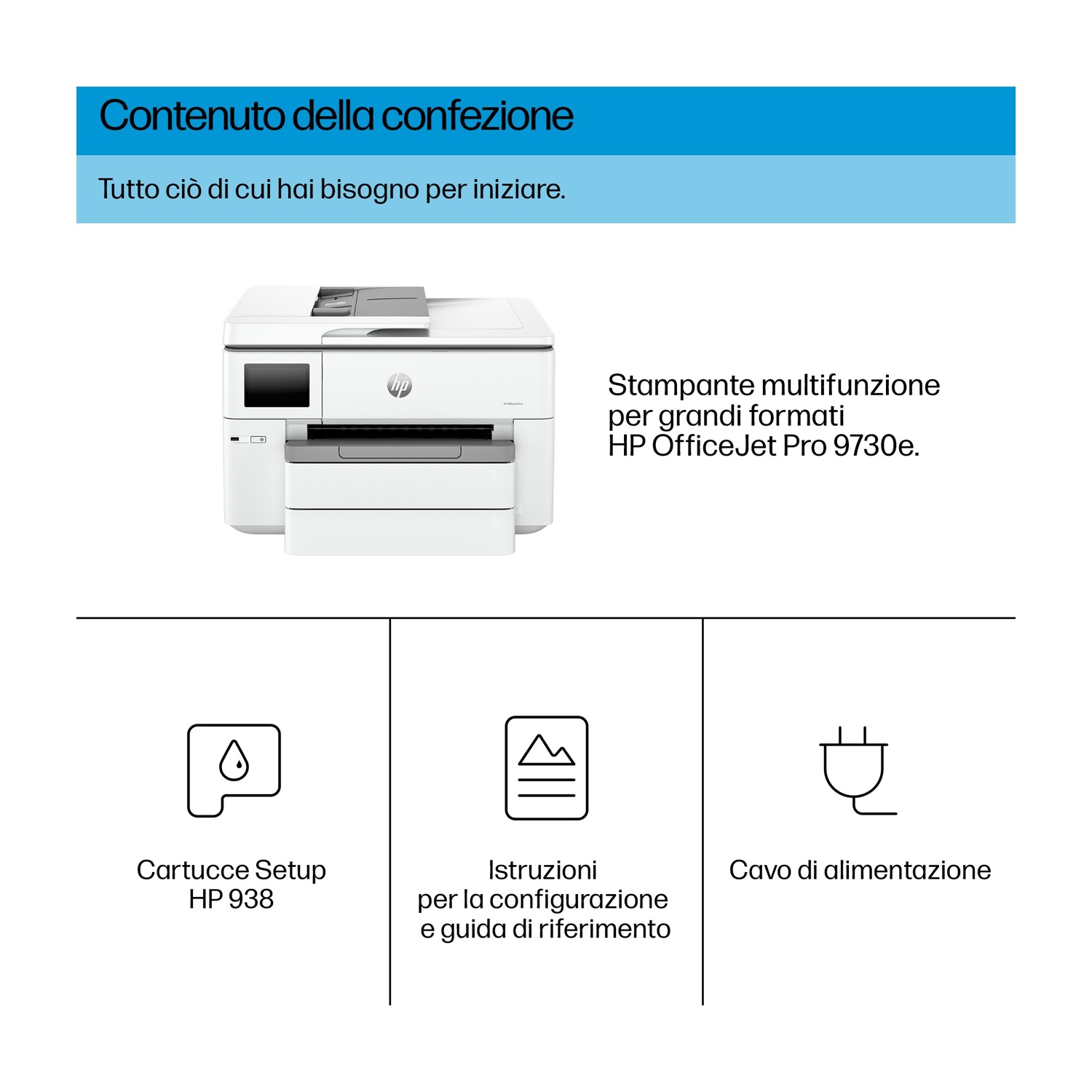 Stampante multifunzione HP OfficeJet Pro 9730e con accessori.