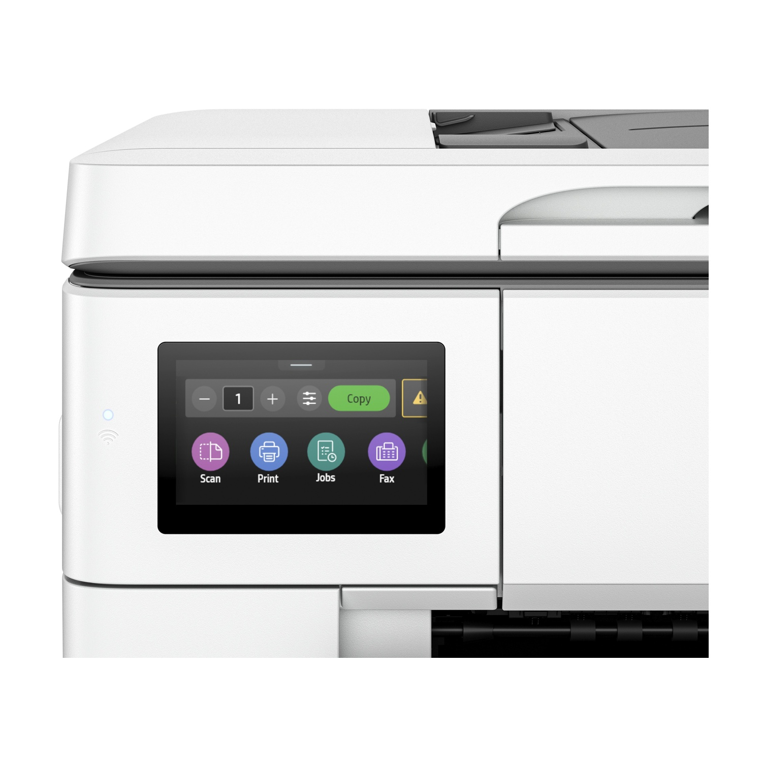 Una stampante multifunzione bianca con pannello di controllo touchscreen mostra opzioni come Scan, Print e Fax.