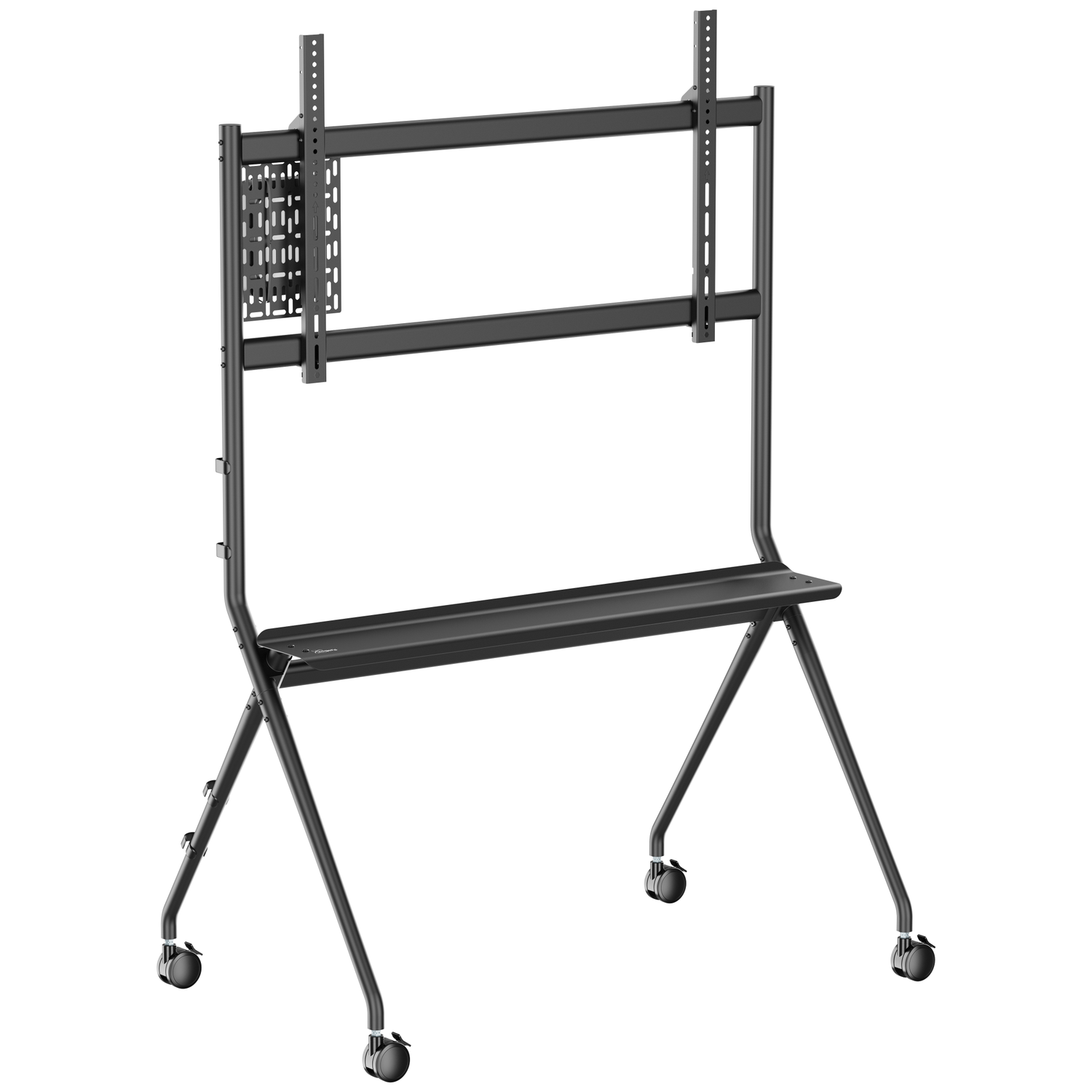 Zwarte mobiele tv-standaard met wielen, plank en houder.