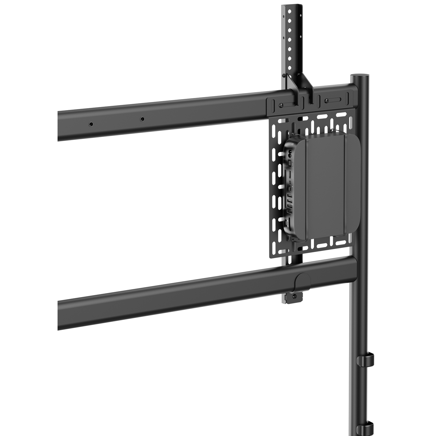 Een zwarte tv-montagearm met een klein kastje voor elektronica.