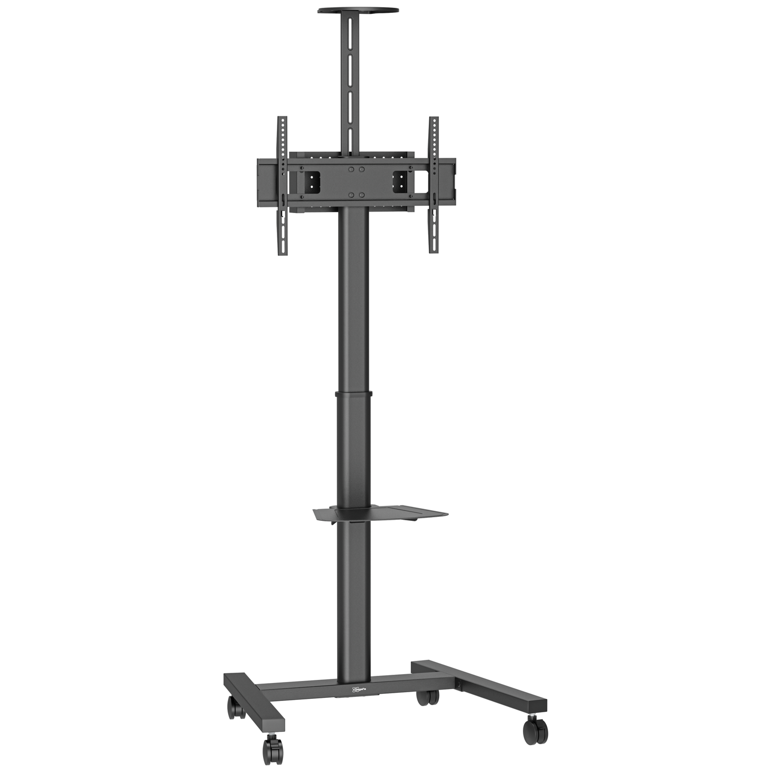 A dark, rolling TV stand with a shelf and mount.