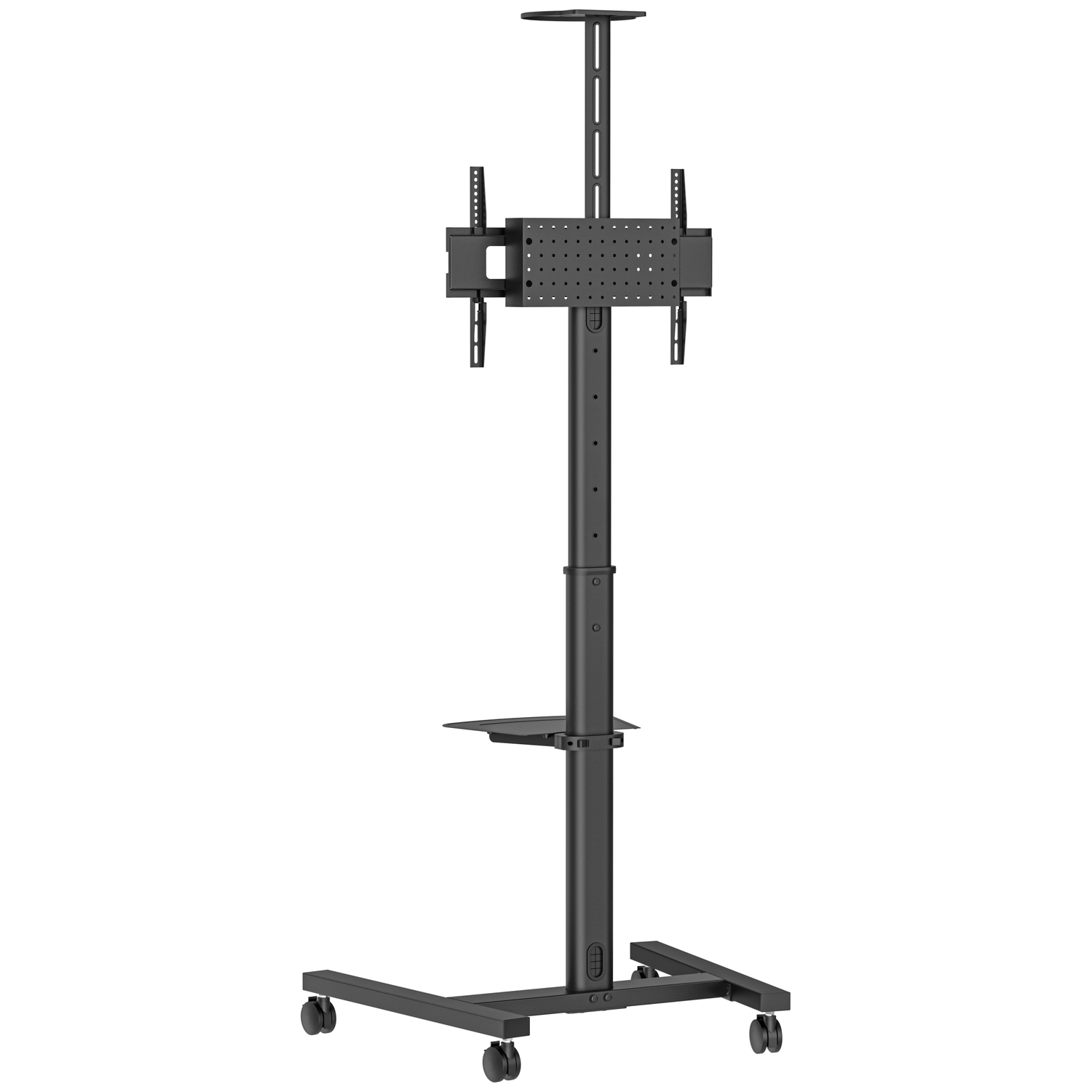 A dark, mobile TV stand with wheels and an adjustable mount.