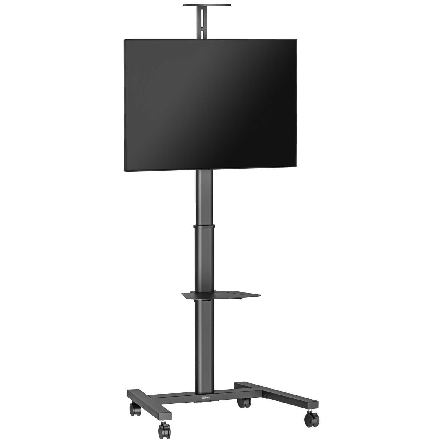 A black TV stand with wheels and a shelf, holding a black screen.