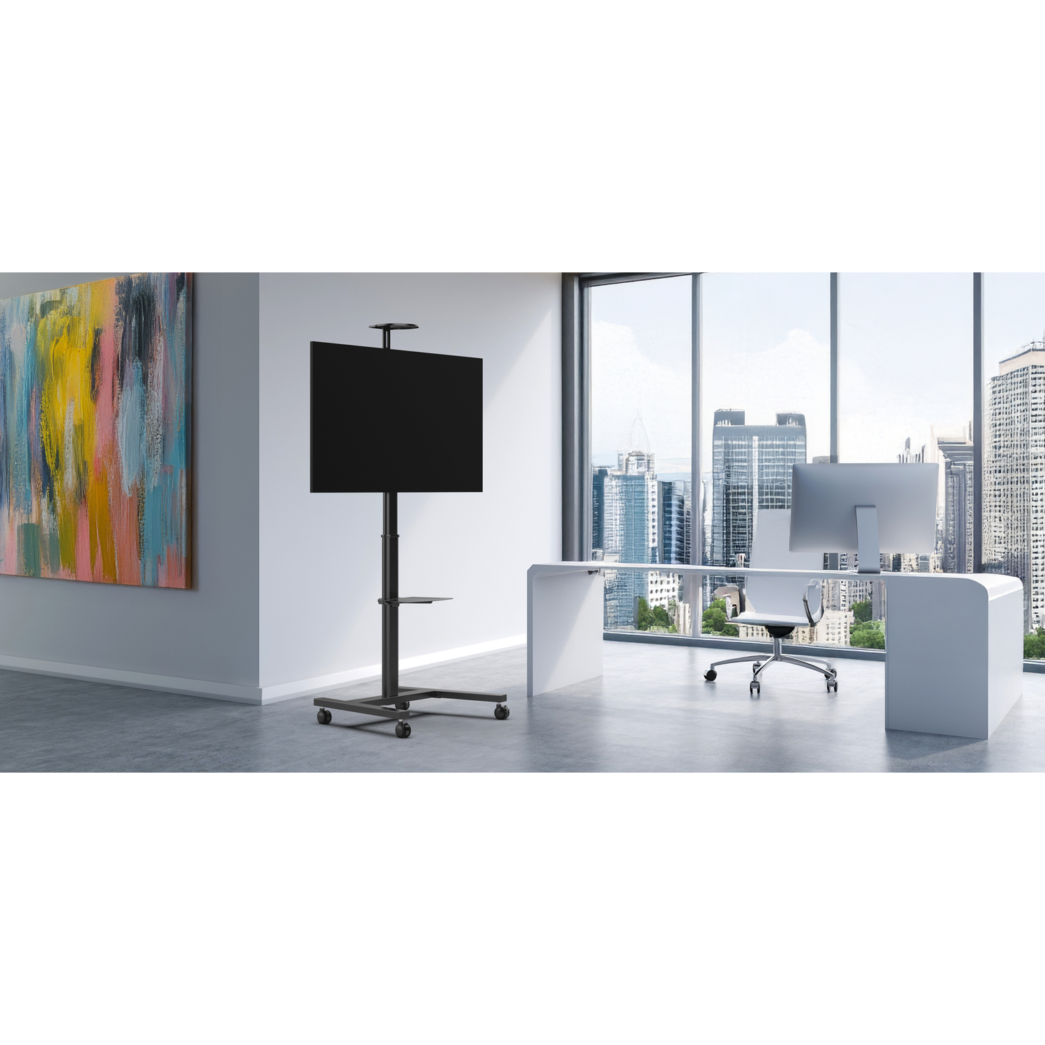 Modern office with large window view of city, desk, chair, and TV on stand.