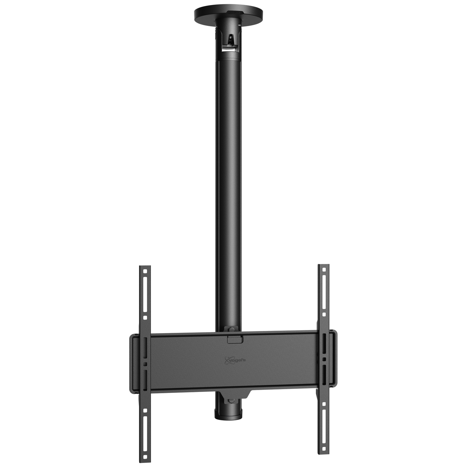 Black TV ceiling mount with adjustable arms.