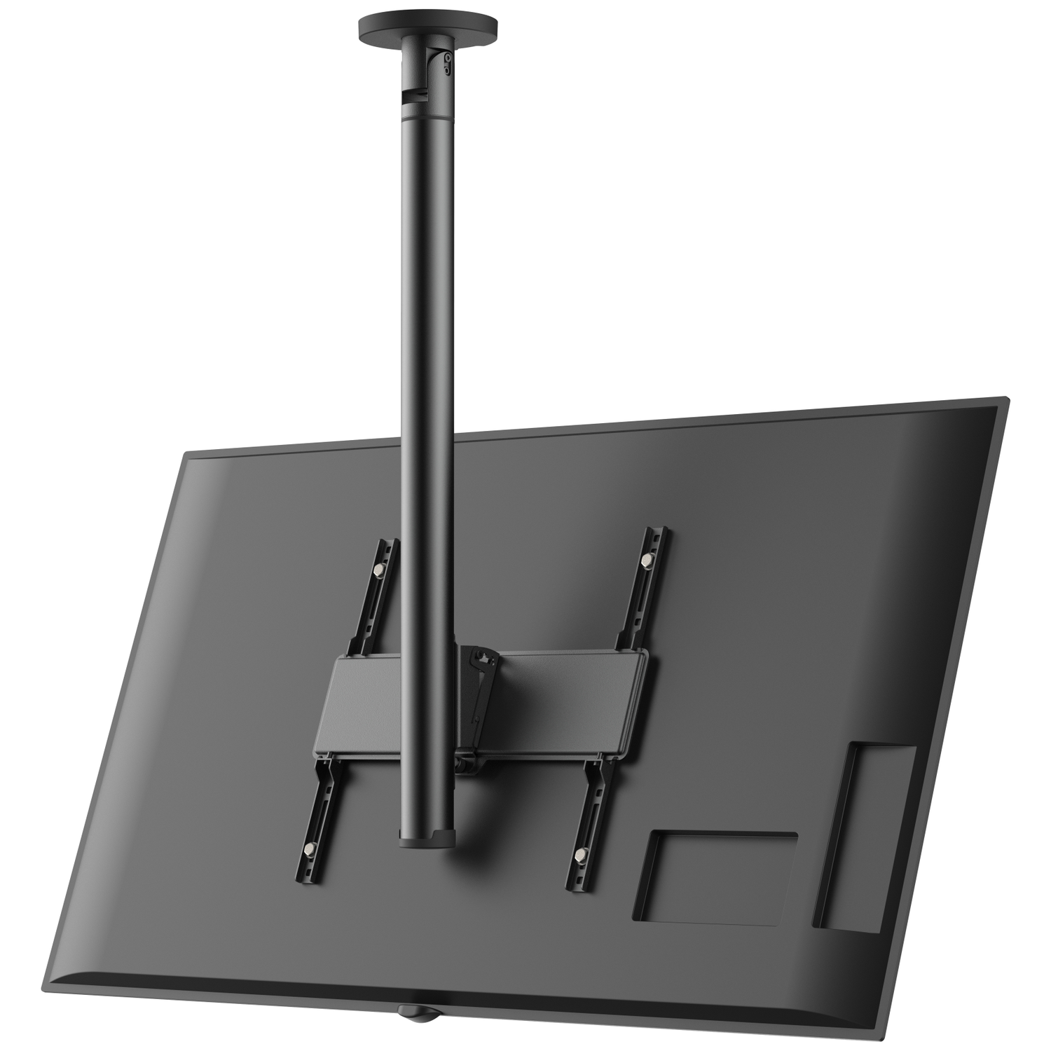 Black TV mount fixed to ceiling with a flat screen attached to it.
