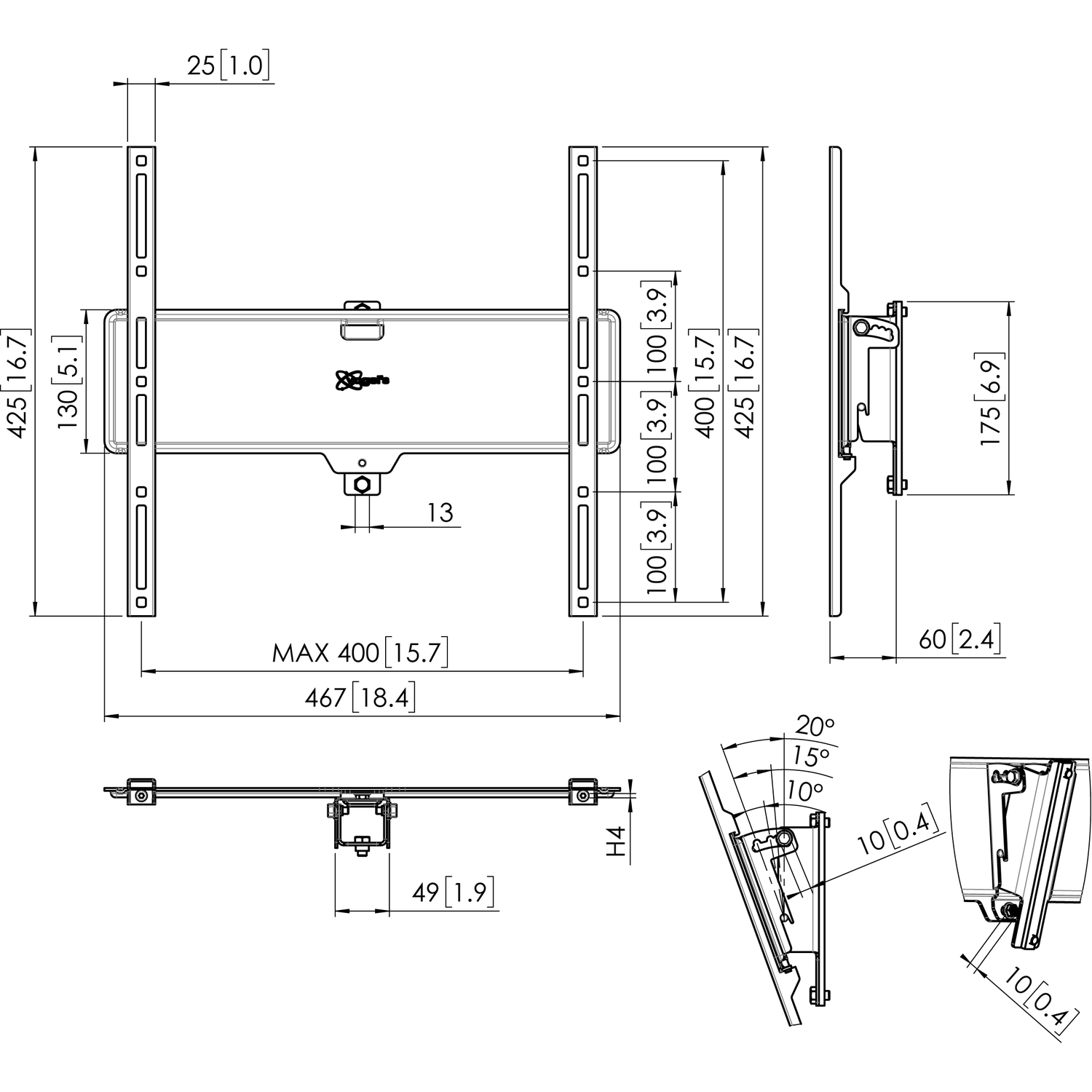 Technical drawing of a TV wall mount with dimensions and angles.