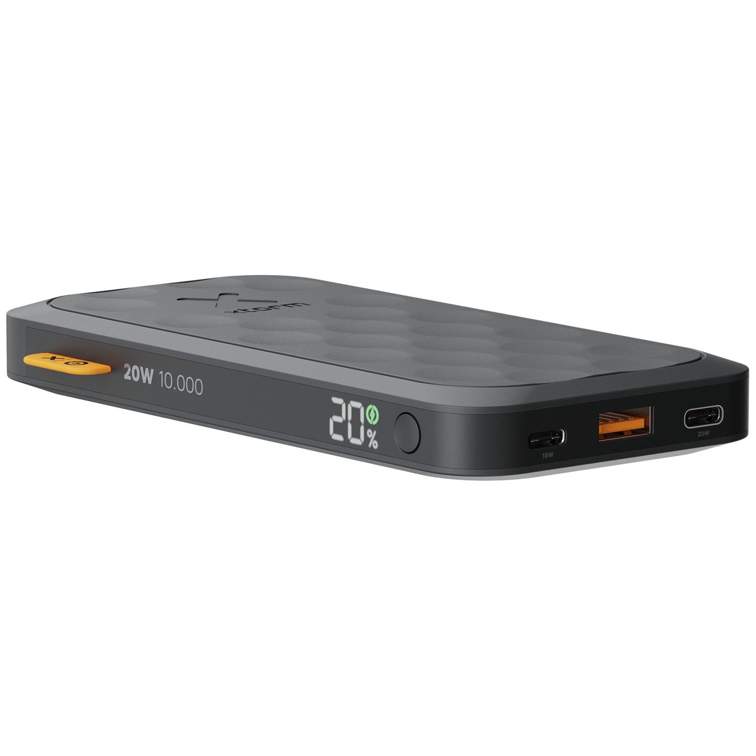 Batterie externe grise 20W, 10.000mAh, charge 20% et ports USB.