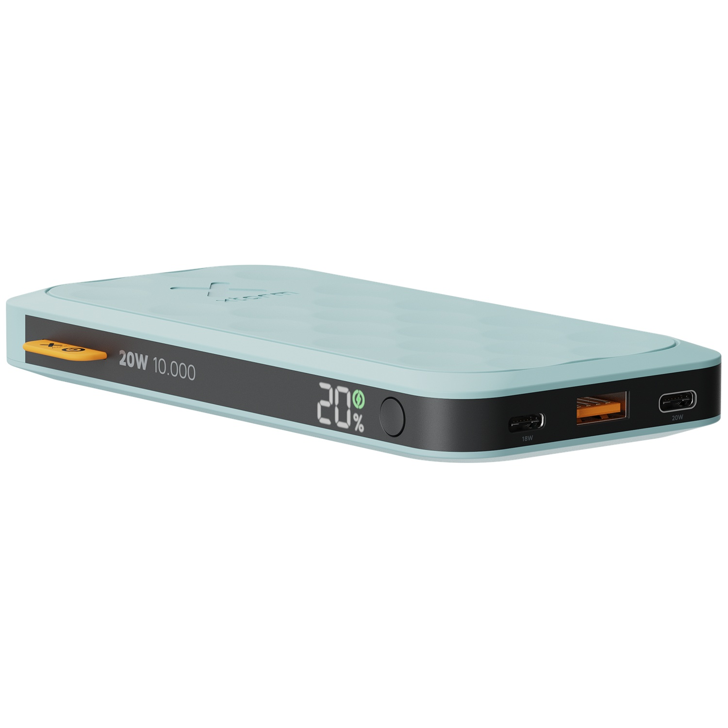 Une batterie externe bleu clair avec deux ports USB et un écran affichant 20%.