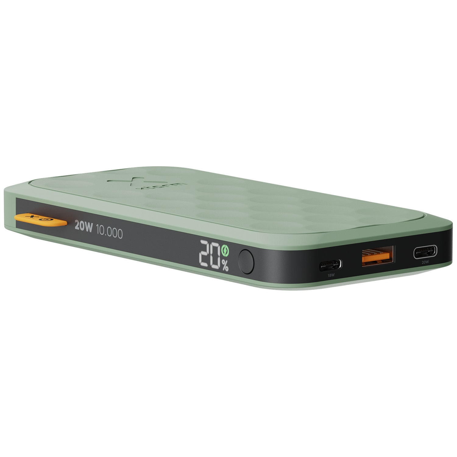 Batterie externe verte à motif nid d'abeille, 10 000 mAh, 20W, 20%.
