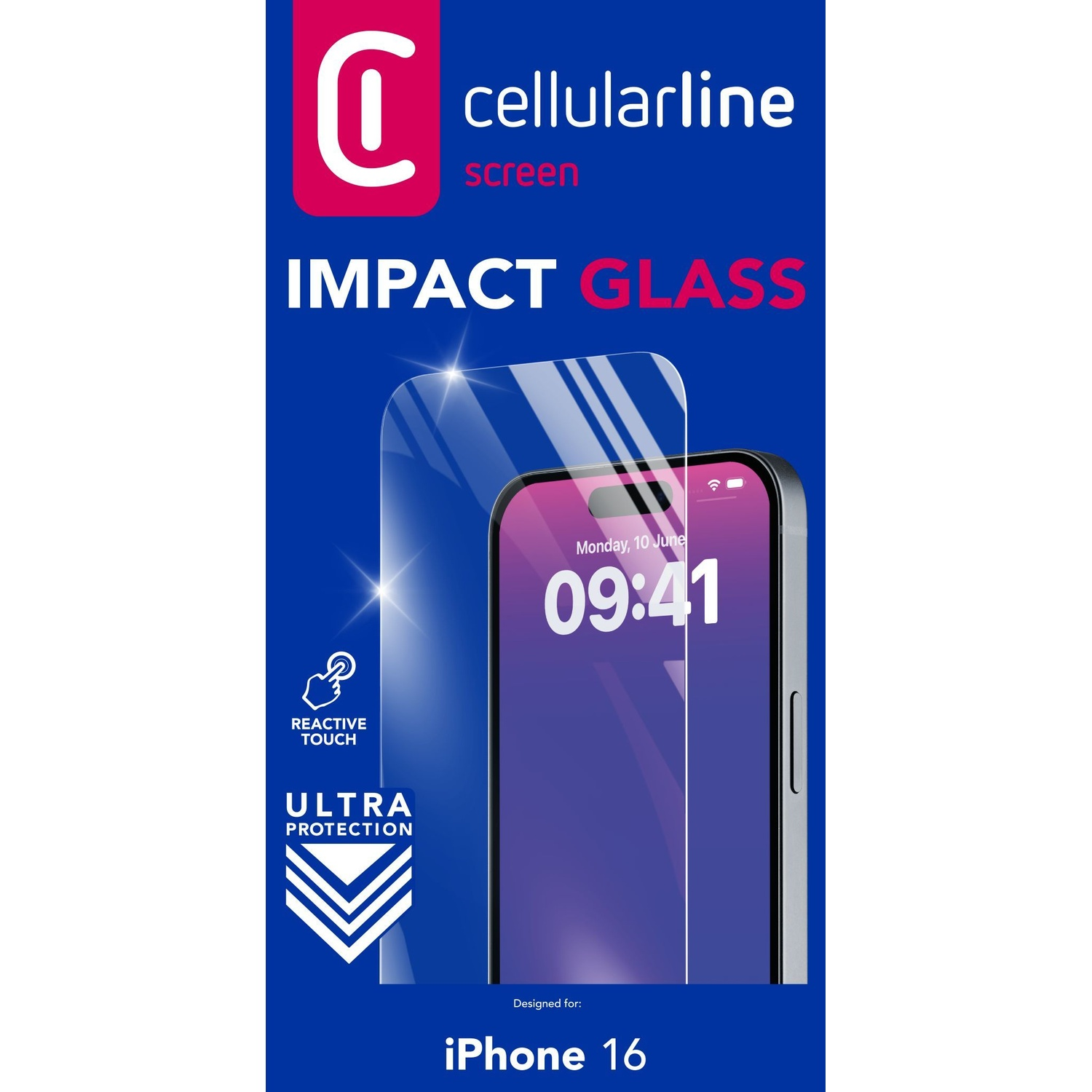 Protezione schermo Cellularline Impact Glass per iPhone 16 con ultra protezione.