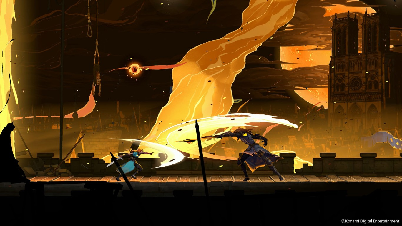 Dwóch wojowników na dachu, w tle Notre Dame i gigantyczny tornado ognia.