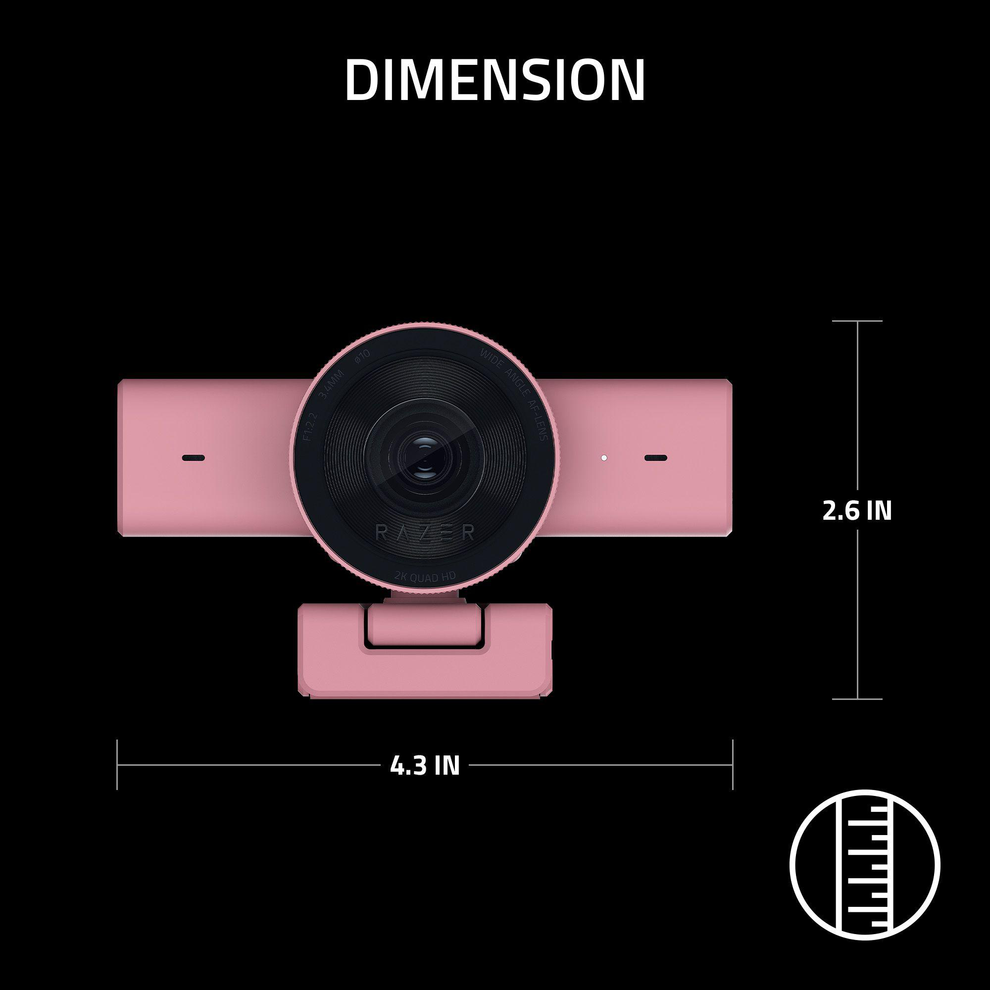Eine rosafarbene Webcam mit den Maßen 4,3 x 2,6 Zoll.