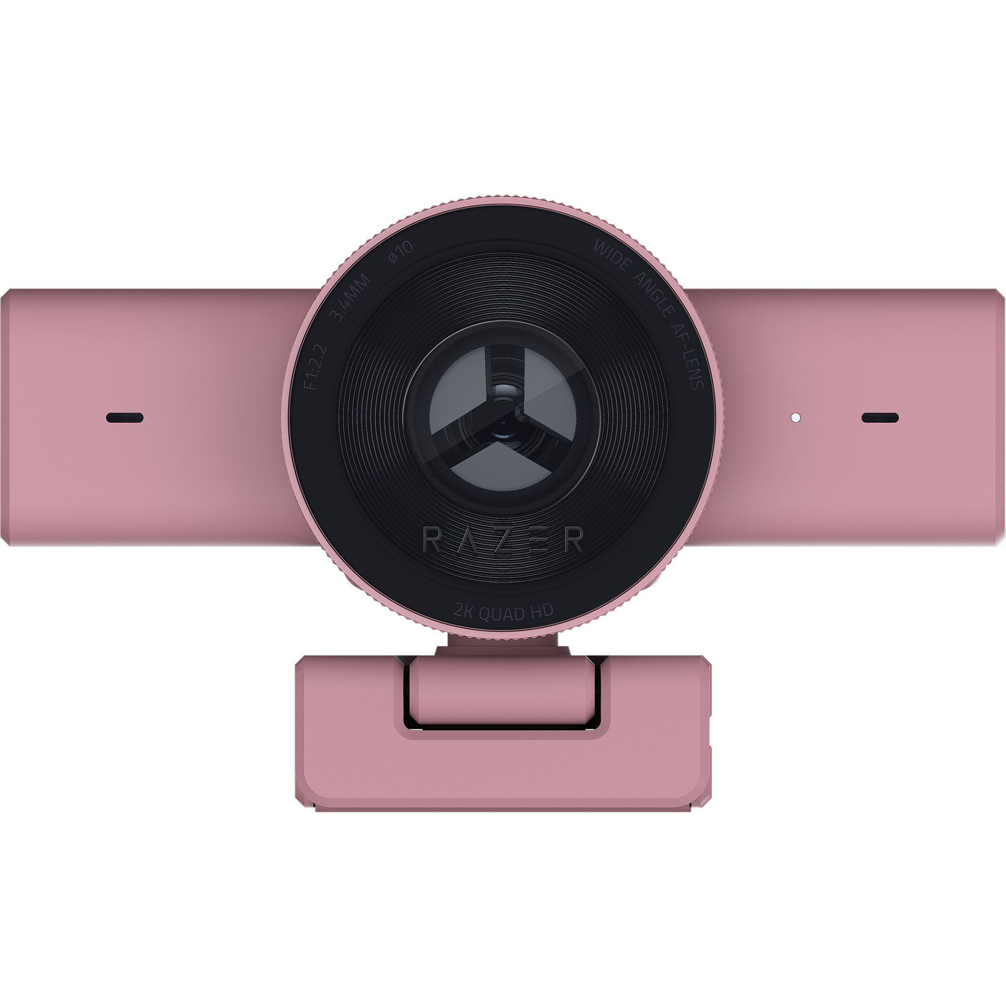 Eine rosafarbene Razer-Webcam mit einem weiten Objektiv und 2K Quad HD Auflösung.