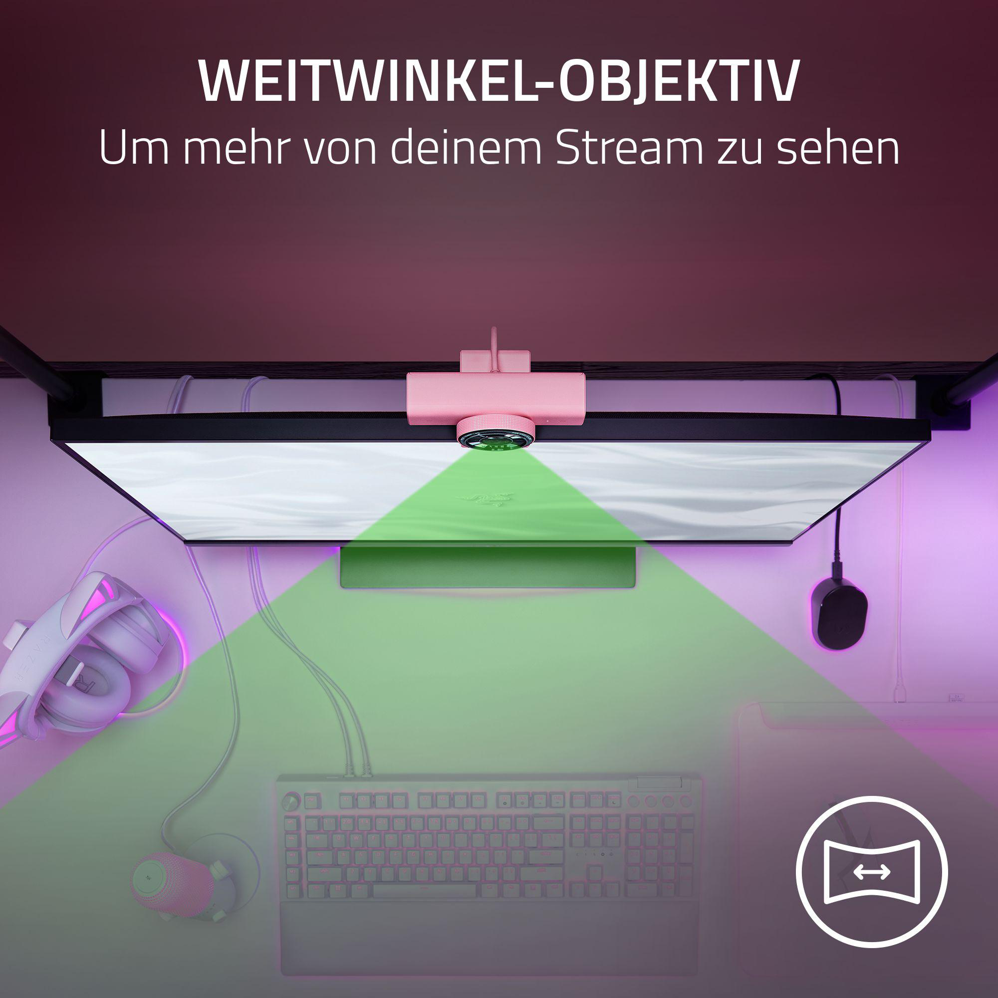 Ein pinker Webcam-Clip mit Weitwinkelobjektiv ist über einem Monitor befestigt.