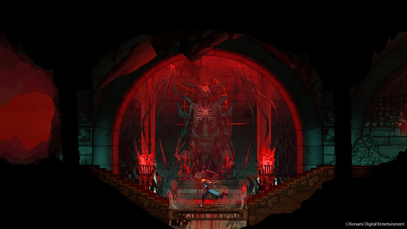 Wojownik stoi przed gigantycznym szkieletowym demonem w mrocznej kaplicy z czerwonym oświetleniem.