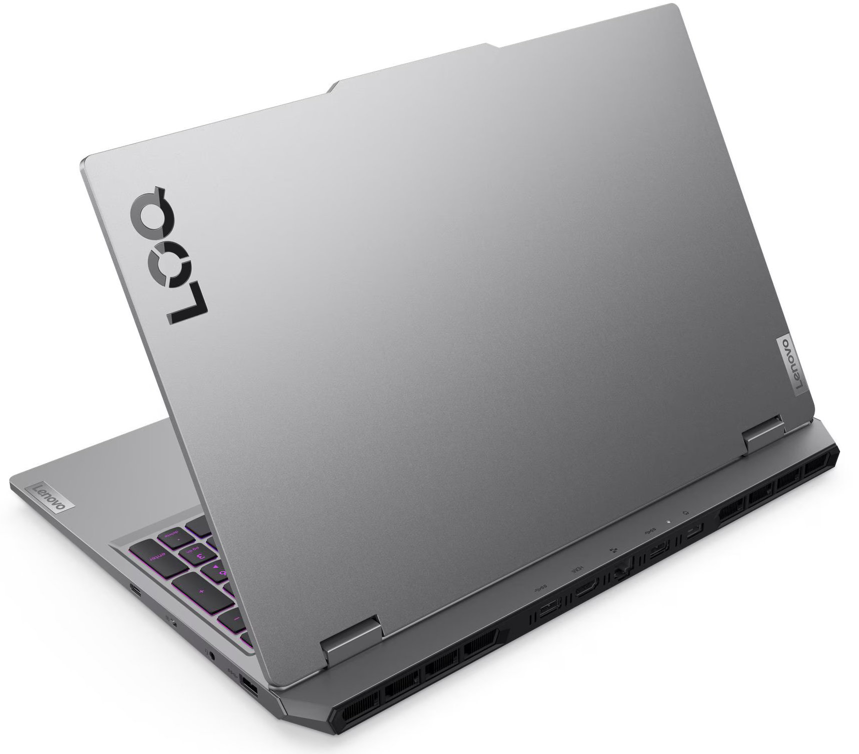 Szürke laptop "LOQ" logóval és háttérvilágítású billentyűzettel, oldalsó portokkal.