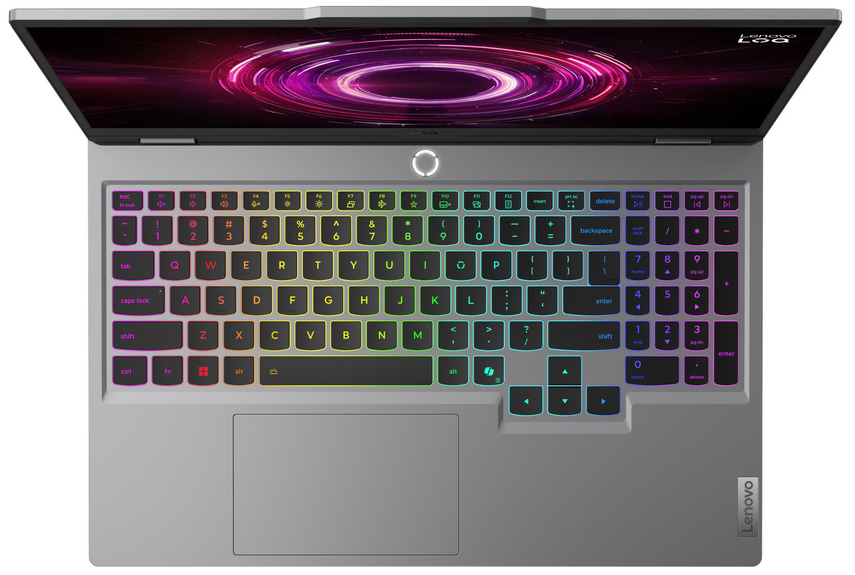 Egy nyitott Lenovo laptop színes, világító billentyűzettel és lila-rózsaszín háttérképpel.