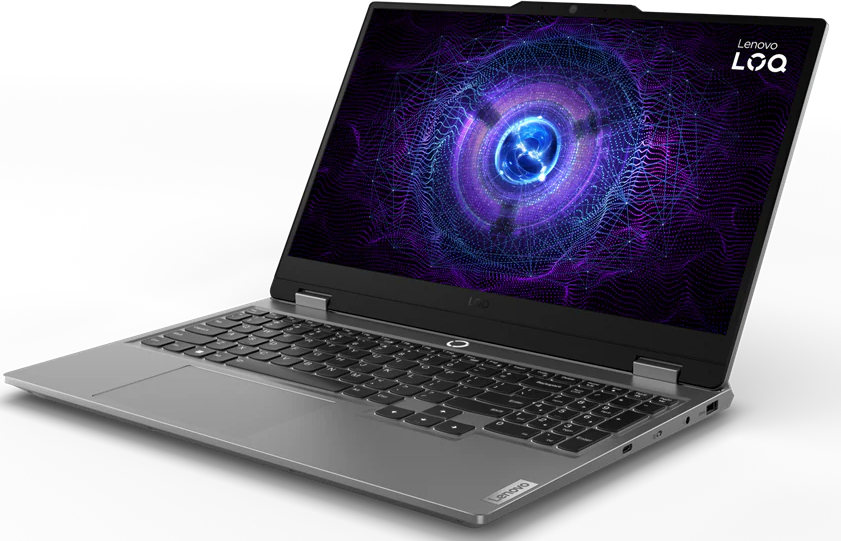 Egy szürke Lenovo LOQ laptop élénk, absztrakt asztali grafikus háttérképpel.