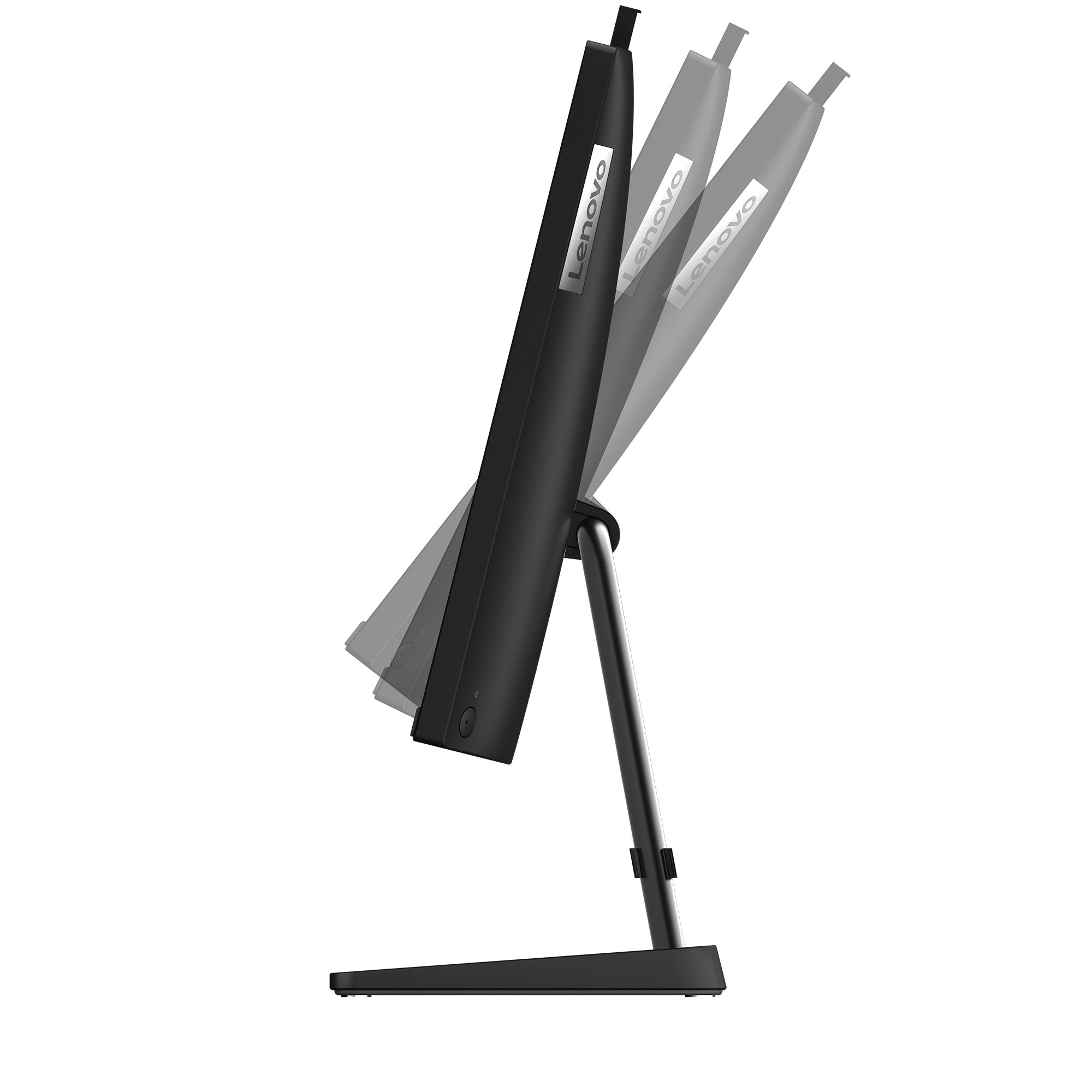 Schwarzer Monitorarm mit verstellbarem Neigungswinkel, Lenovo-Logo.