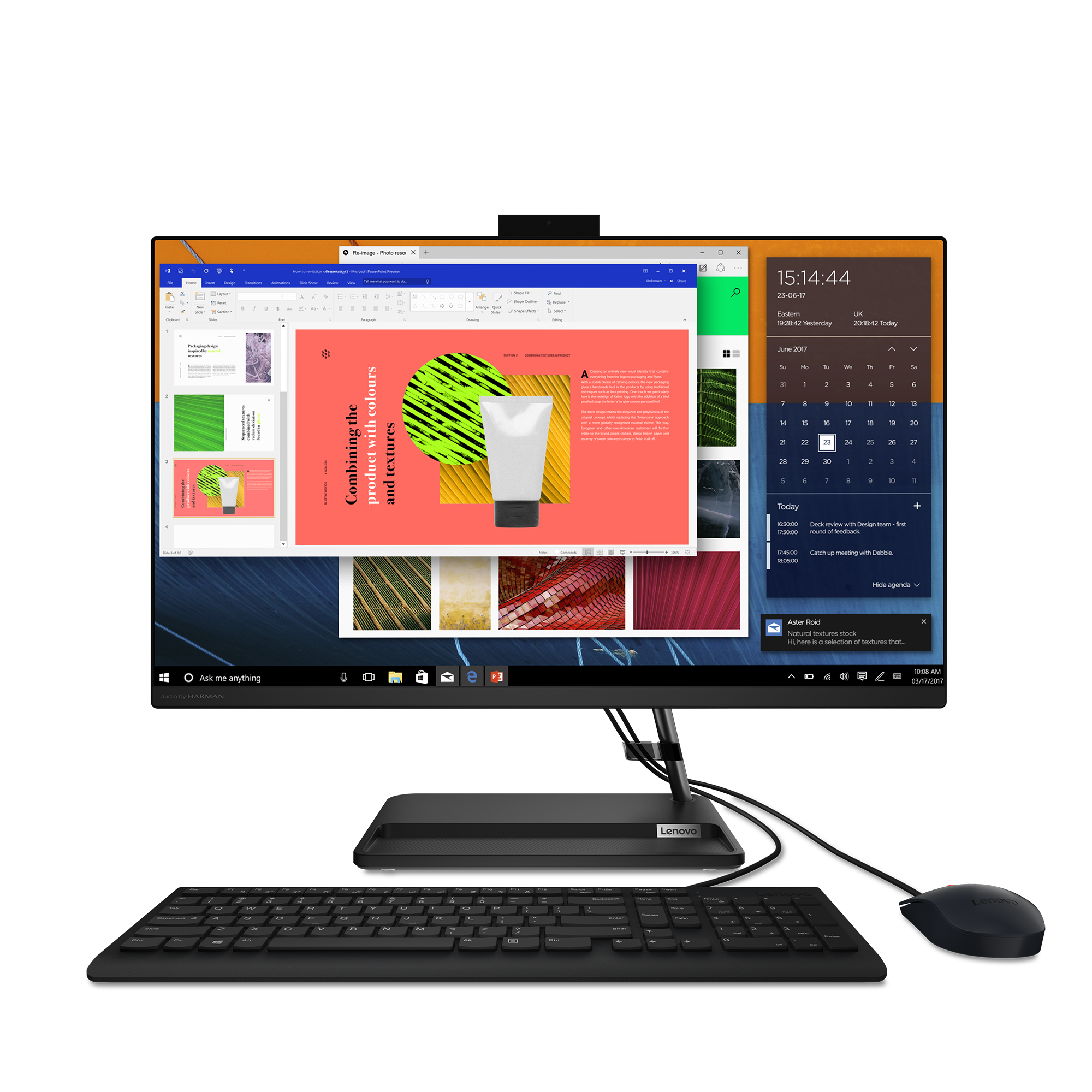 Ein moderner All-in-One-Lenovo-PC mit Tastatur und Maus vor dem Bildschirm.