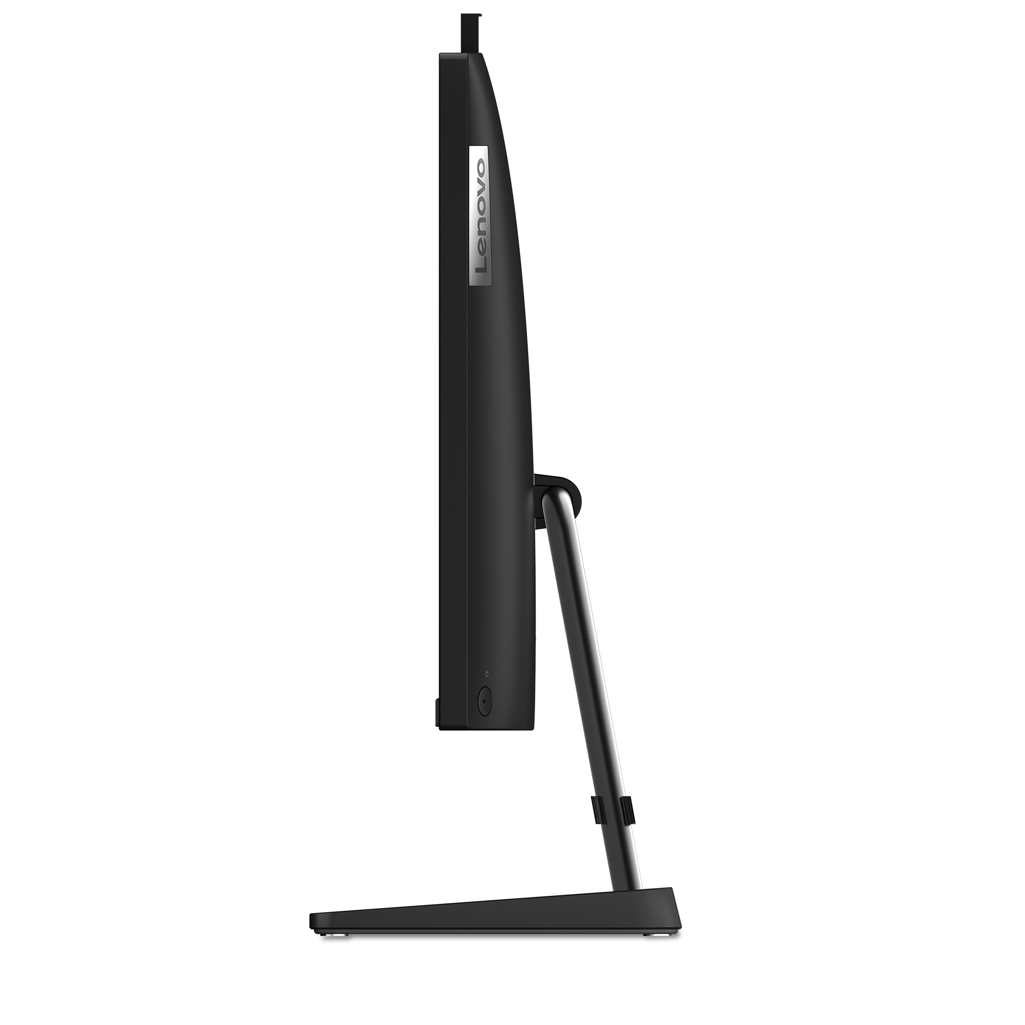 Schwarzer Monitor von Lenovo auf einem Ständer, Seitenansicht.