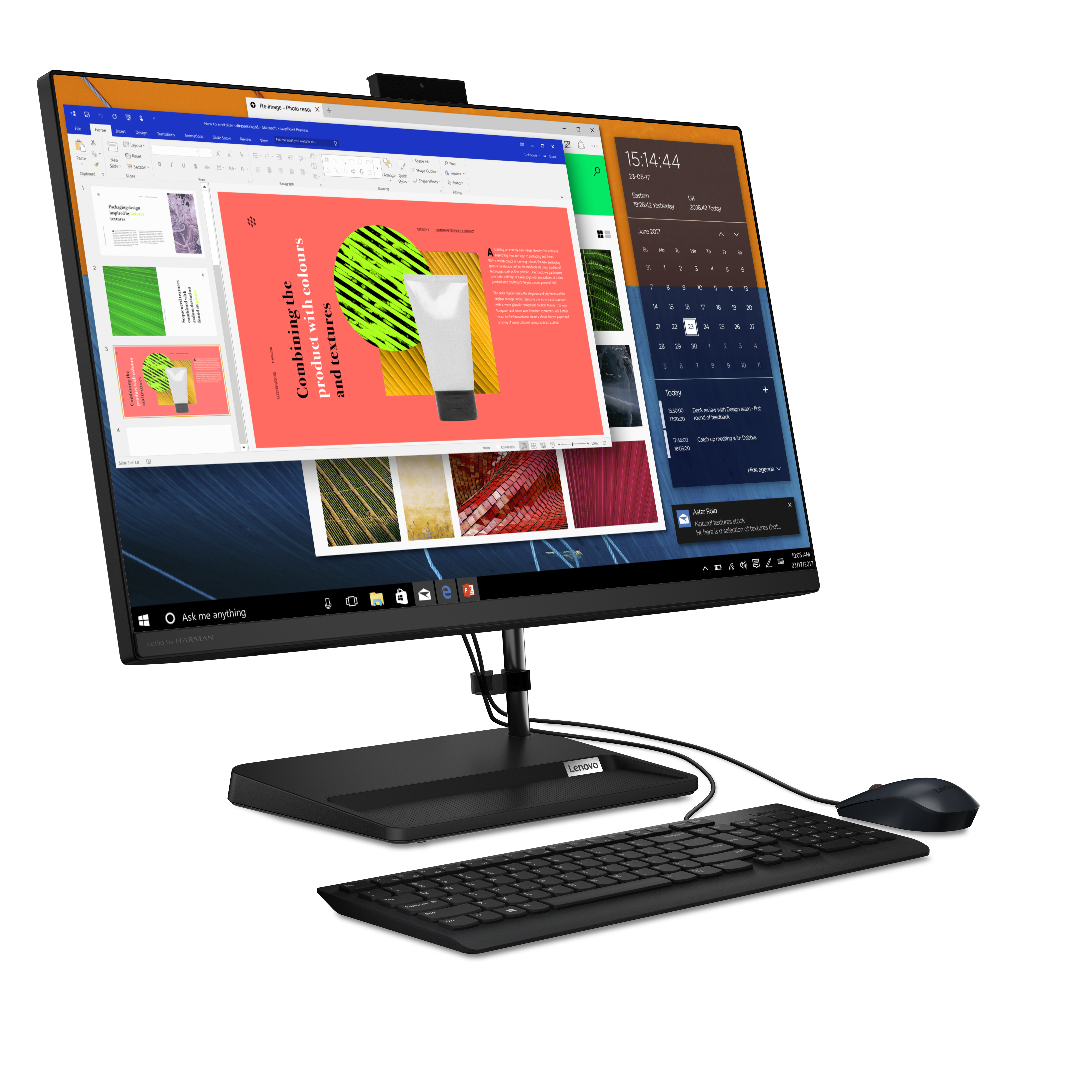 Ein Lenovo All-in-One-PC mit Tastatur und Maus, der eine Präsentation anzeigt.