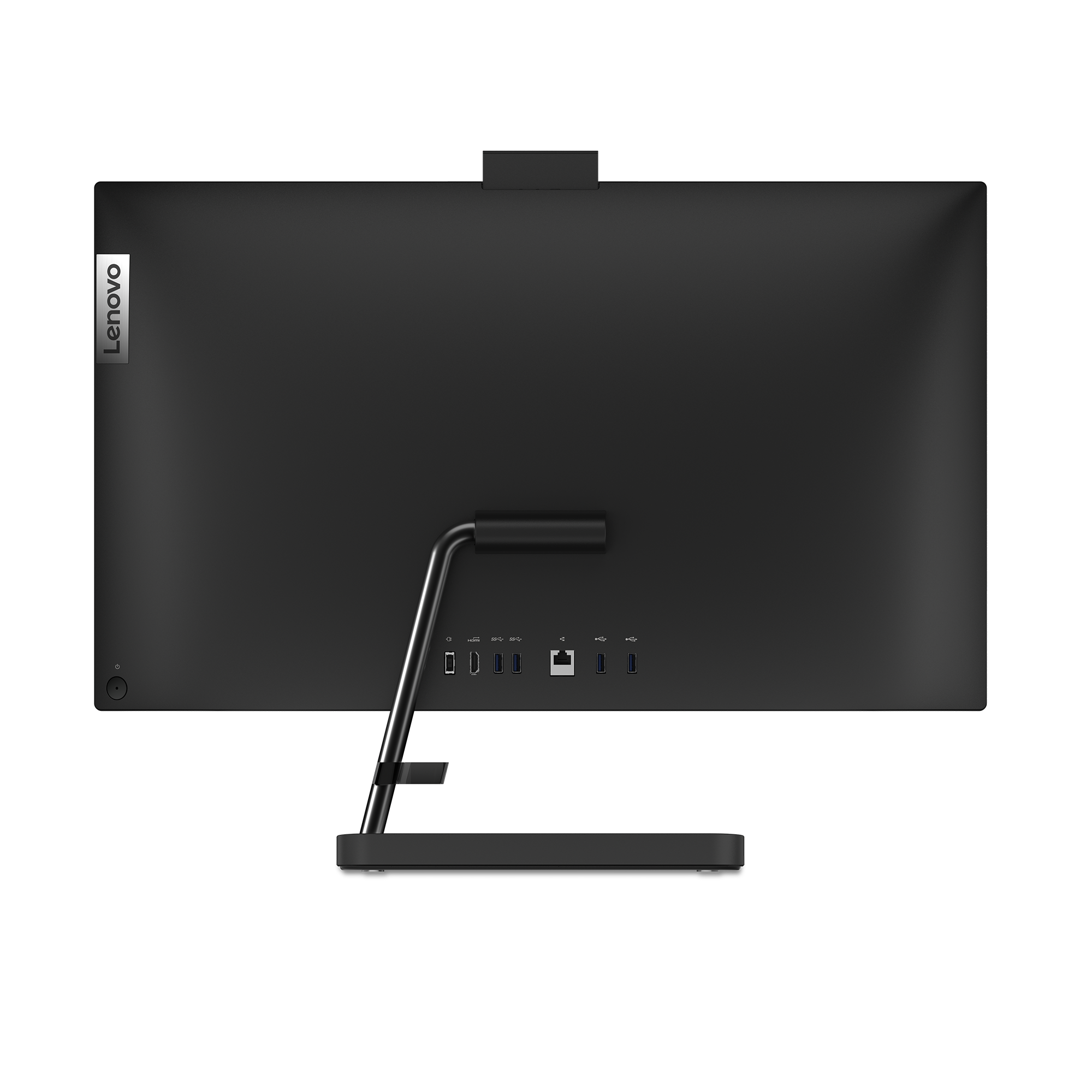 Rückseite eines schwarzen Lenovo All-in-One-Computers mit Anschlüssen.