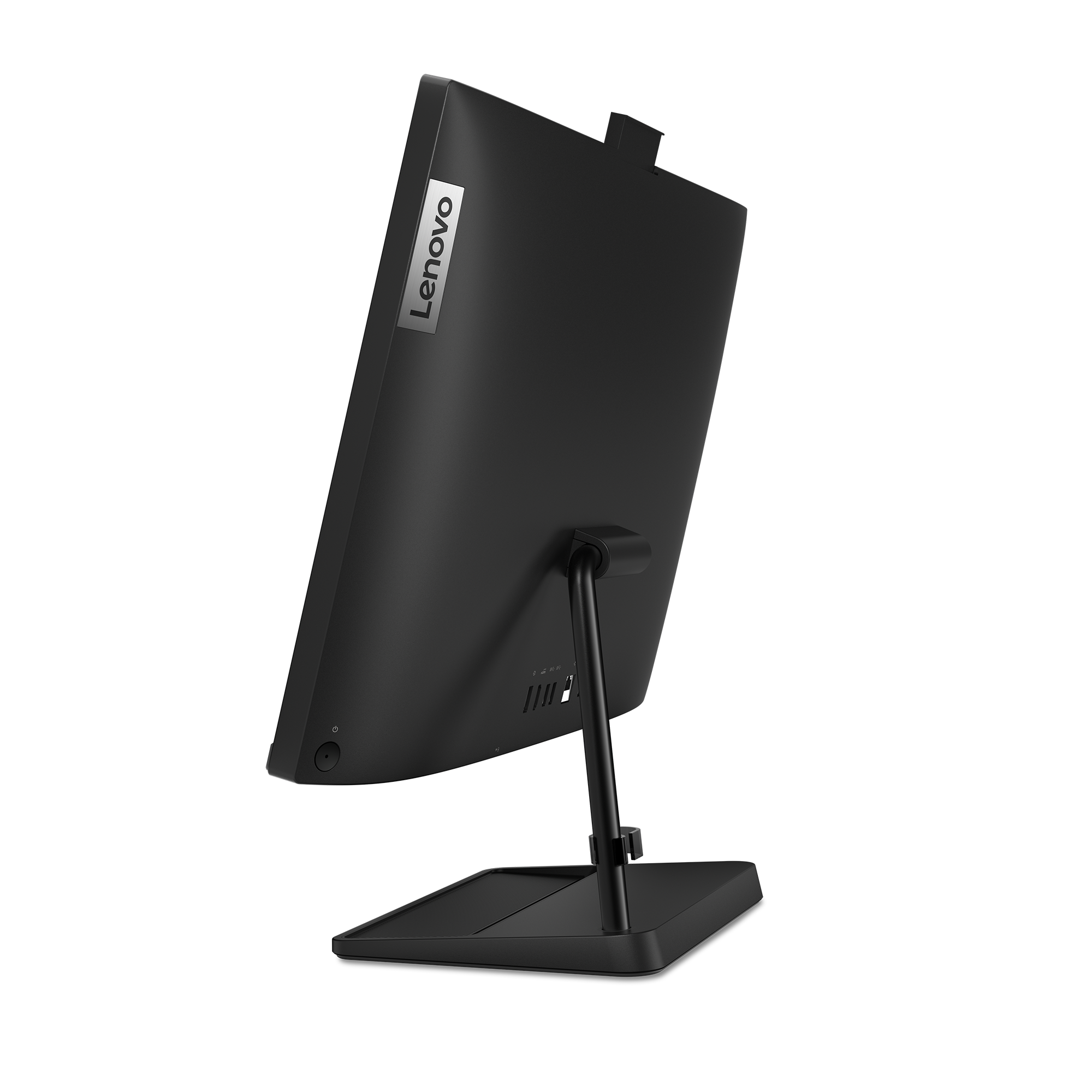 Rückseite eines schwarzen Lenovo All-in-One-Computers mit silbernem Logo.